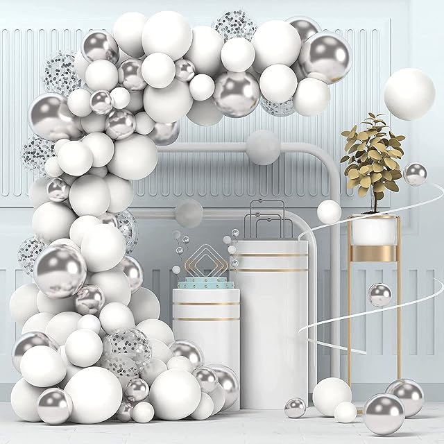 Balloons Arch Kit, Silver White Metallic Balloons with Confetti Balloons Garland kit Decorations Set for Birthday lawn Party Decoration(100pcs)