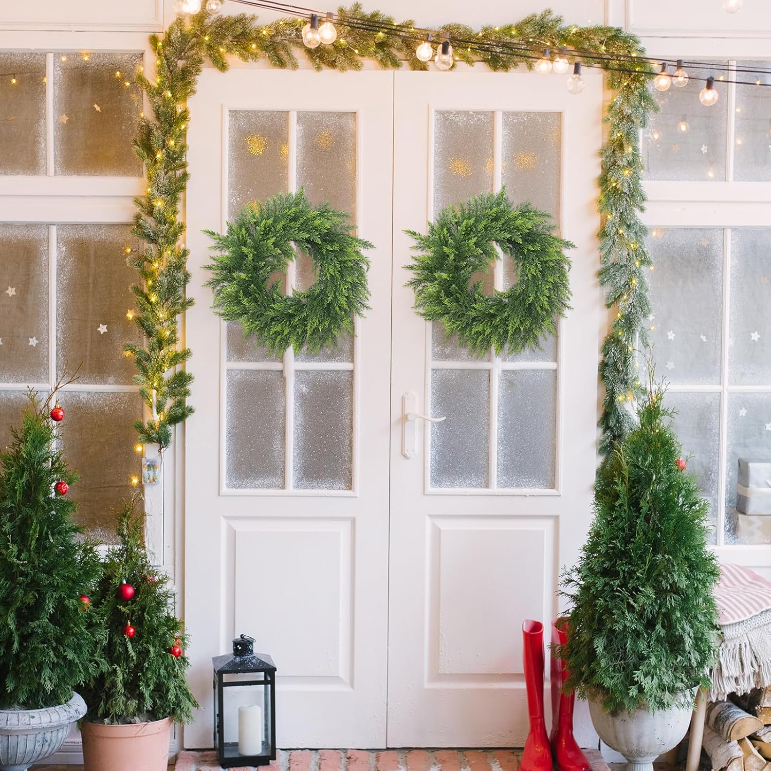 22 Inch Green Faux Norfolk Cedar Christmas Wreaths for Front Door,Real Touch Artificial Winter Wreath Green Pine Wreath for Indoor Outdoor Wall Porch Festival Farmhouse Home Holiday Decor. - Image 2