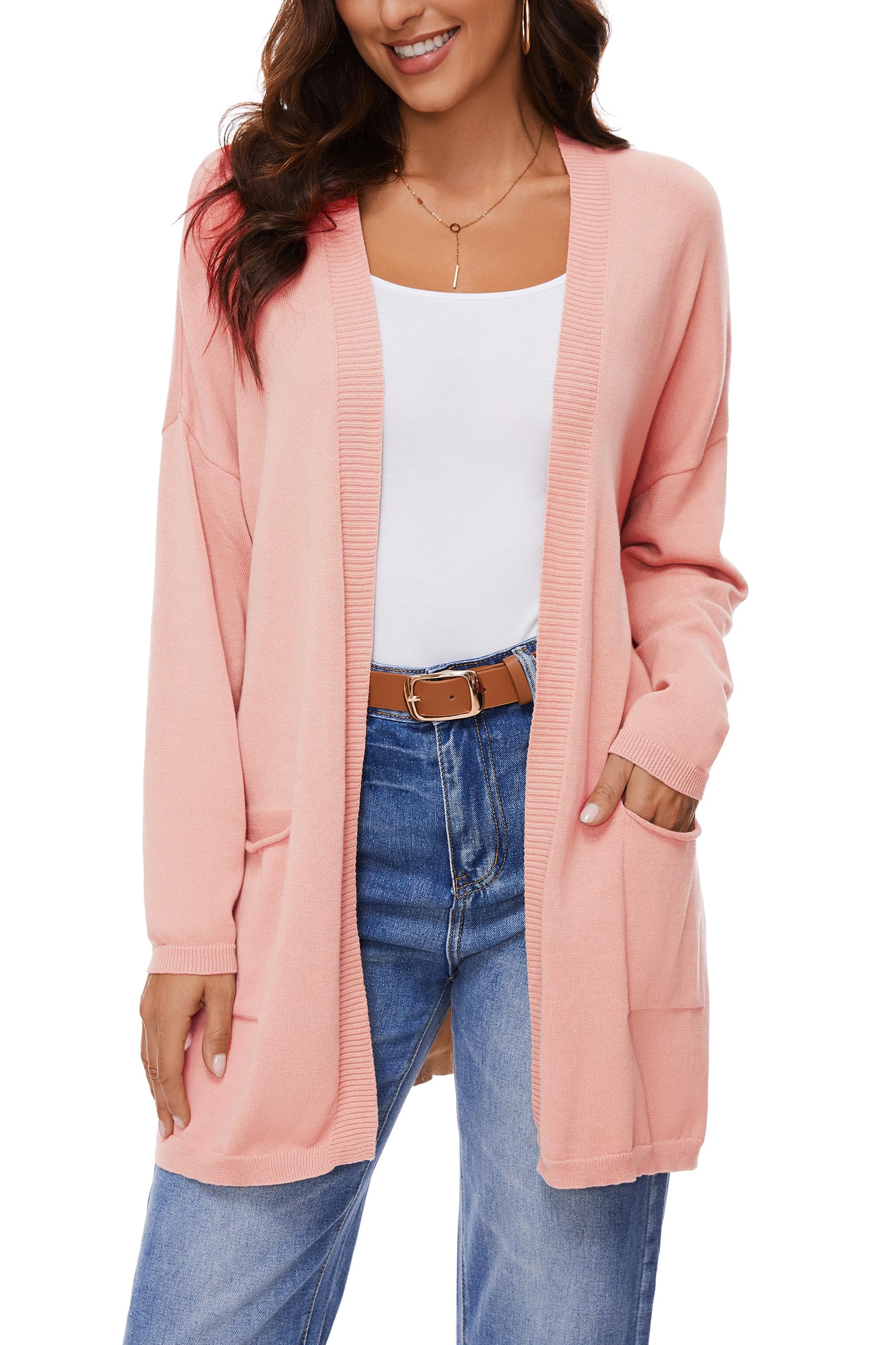 Cardigan Aperto in Cotone 100% per Donna con Tasche, Maniche Lunghe, Morbido, Oversize, Maglione Casual da Donna, Rosa Chiaro, XXL