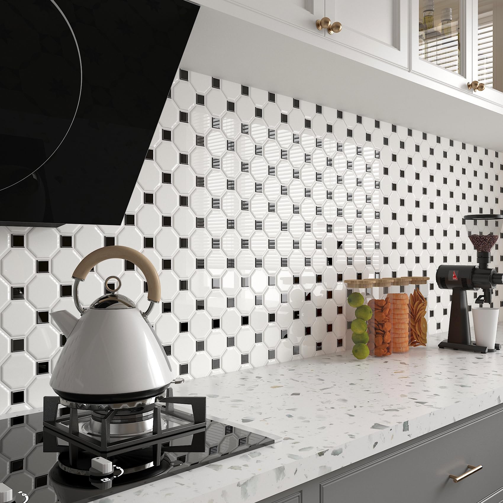 Livelynine Azulejos Adhesivos Baño 3D Blanco 30x30 Baldosas Adhesivas Pared Cocina Blancas 32-Loseta Vinilo Pared Cocine Azulejo Hexagonale Azulejos Adhesivos Cocina Blanco Negro Revestimiento Paredes