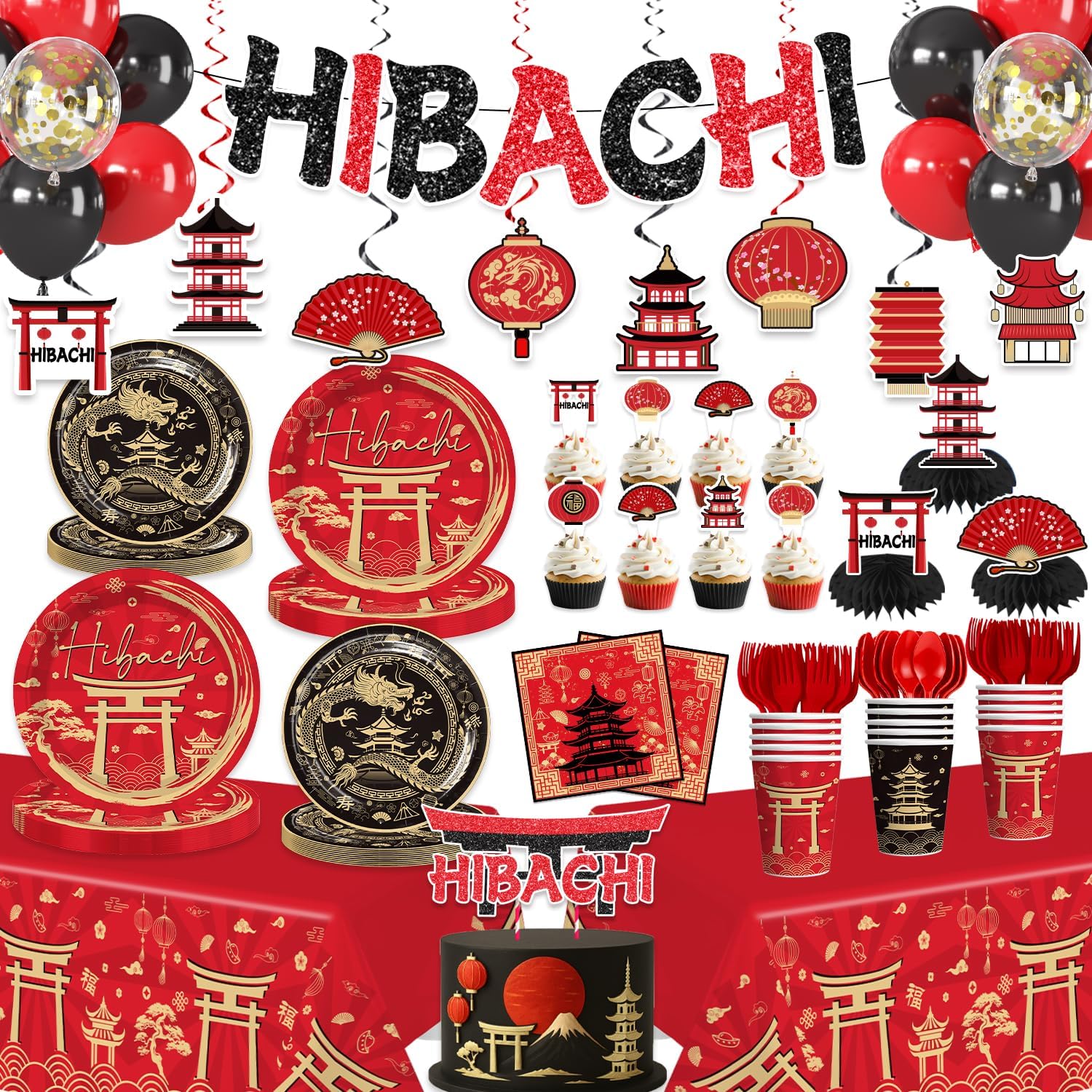 205pcs Hibachi Party Decorations for 25 Guests, All-in-one Set with NO-DIY Banner, Balloons, Cake & Cupcake Toppers, Plates, Napkins, Tablecloths–Easy Assembly Japanese Party Decorations