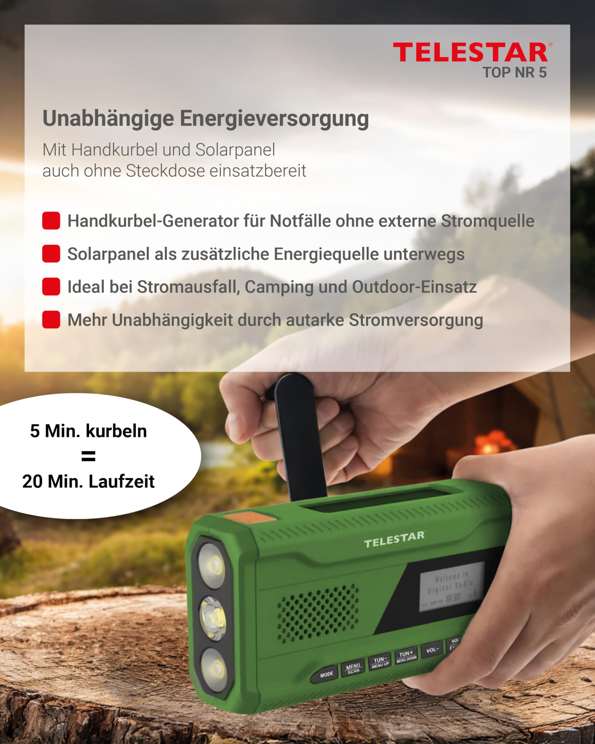 TELESTAR TOP NR 5 – Notfallradio mit 4000 mAh Akku – Grün | Kompaktes Kurbelradio, Solarpanel, Powerbankfunktion, Taschenlampe, SOS Funktion