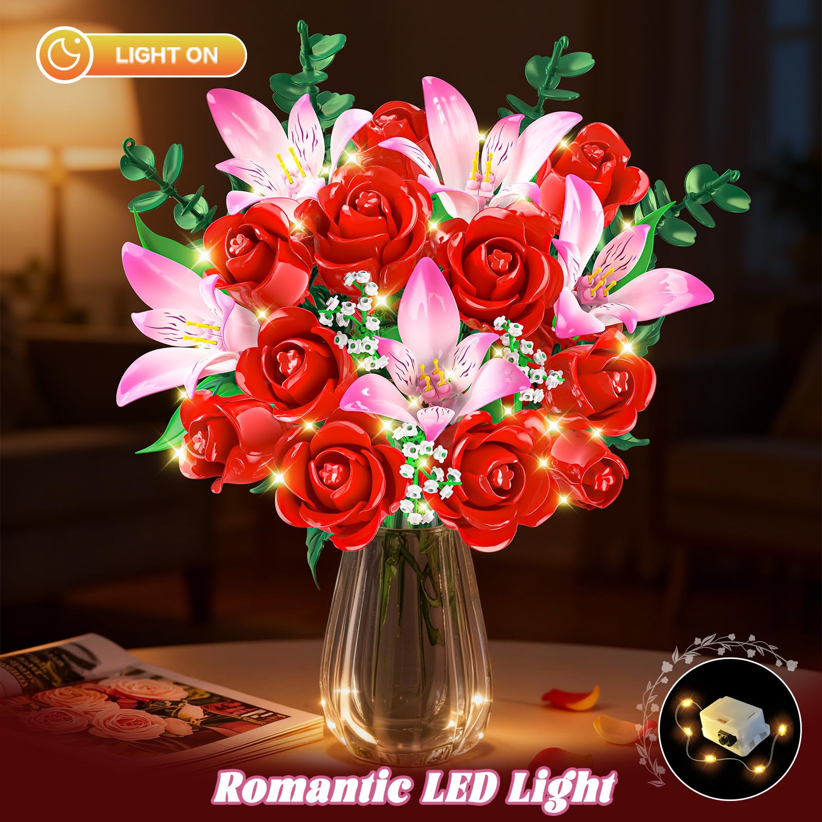 CUBIMANA Rose Flower Bouquet Building Set including LED - Image 4