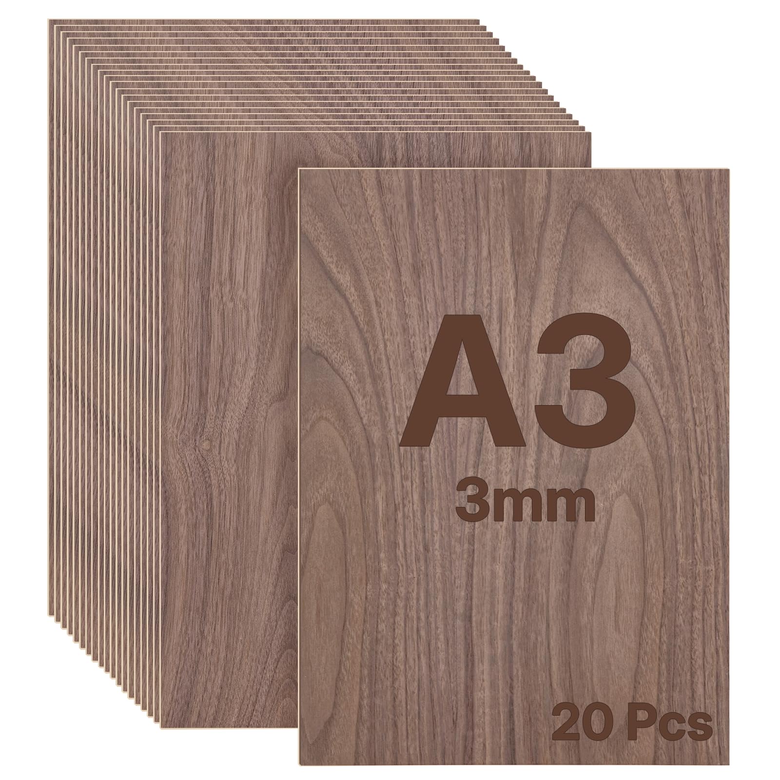 WISYOK A3 Plywood Sheets, 20pcs 3mm Walnut Sheet, 420x300mm