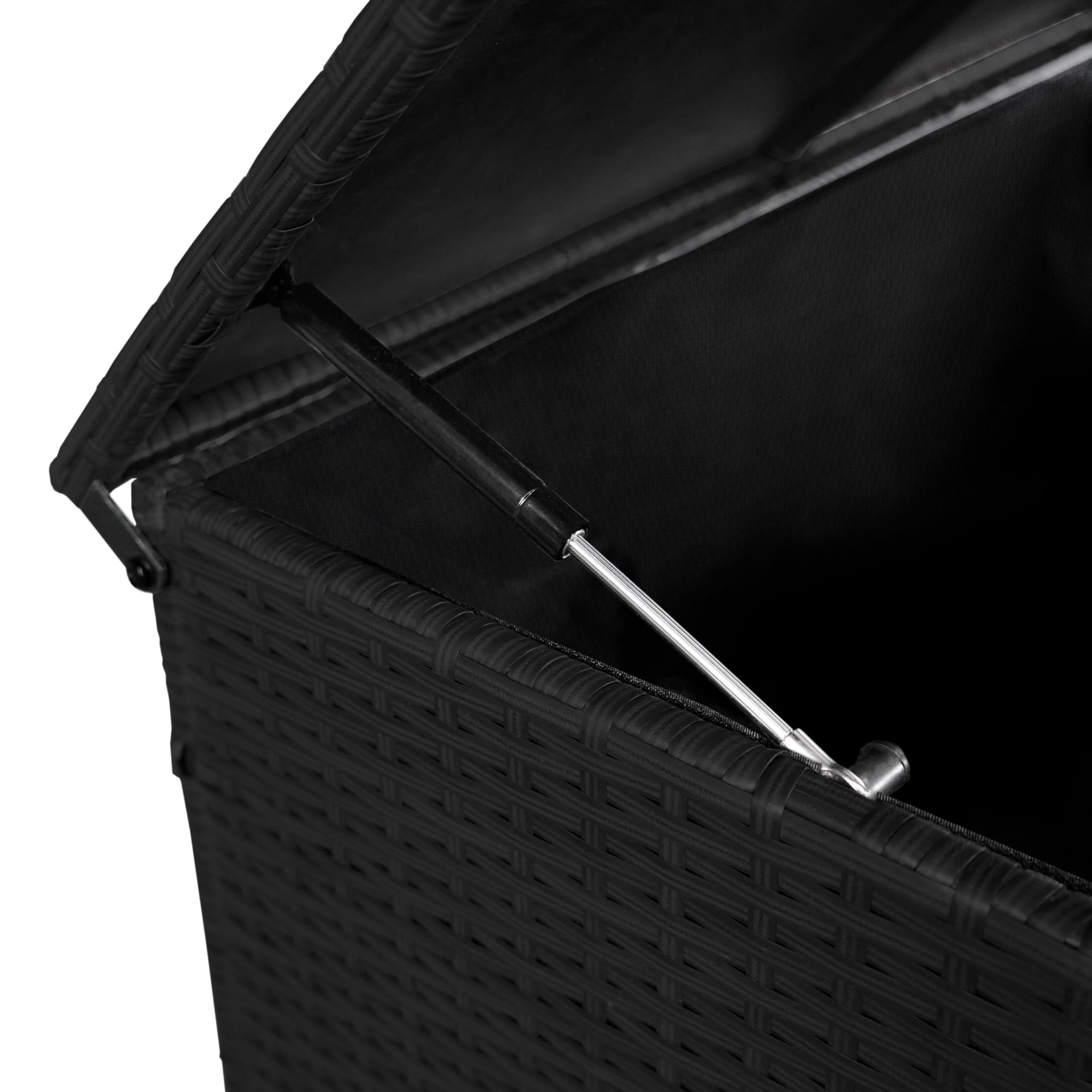 Set da Giardino in Alluminio Bianco con Cassapanca in Rattan Nera – Divano Angolare 7 Posti Tavolo da Pranzo 2 Sgabelli Cuscini Baule 582L con Coperchio a Gas Copertura Impermeabile e Borsa