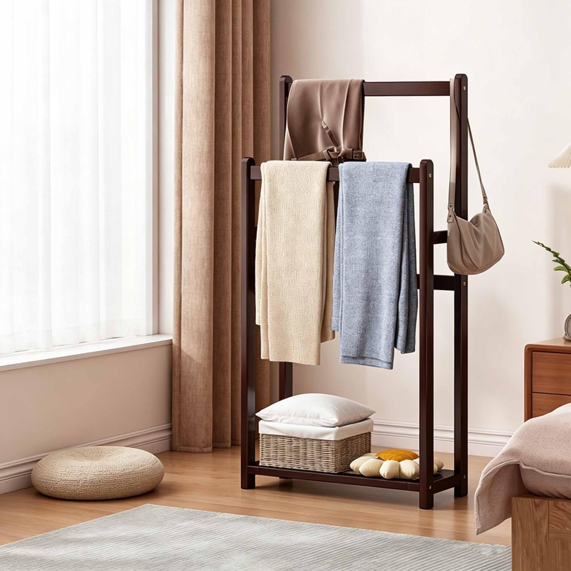 39.3" Tall Standing Towel Racks, Bamboo Blanket Rack Stand