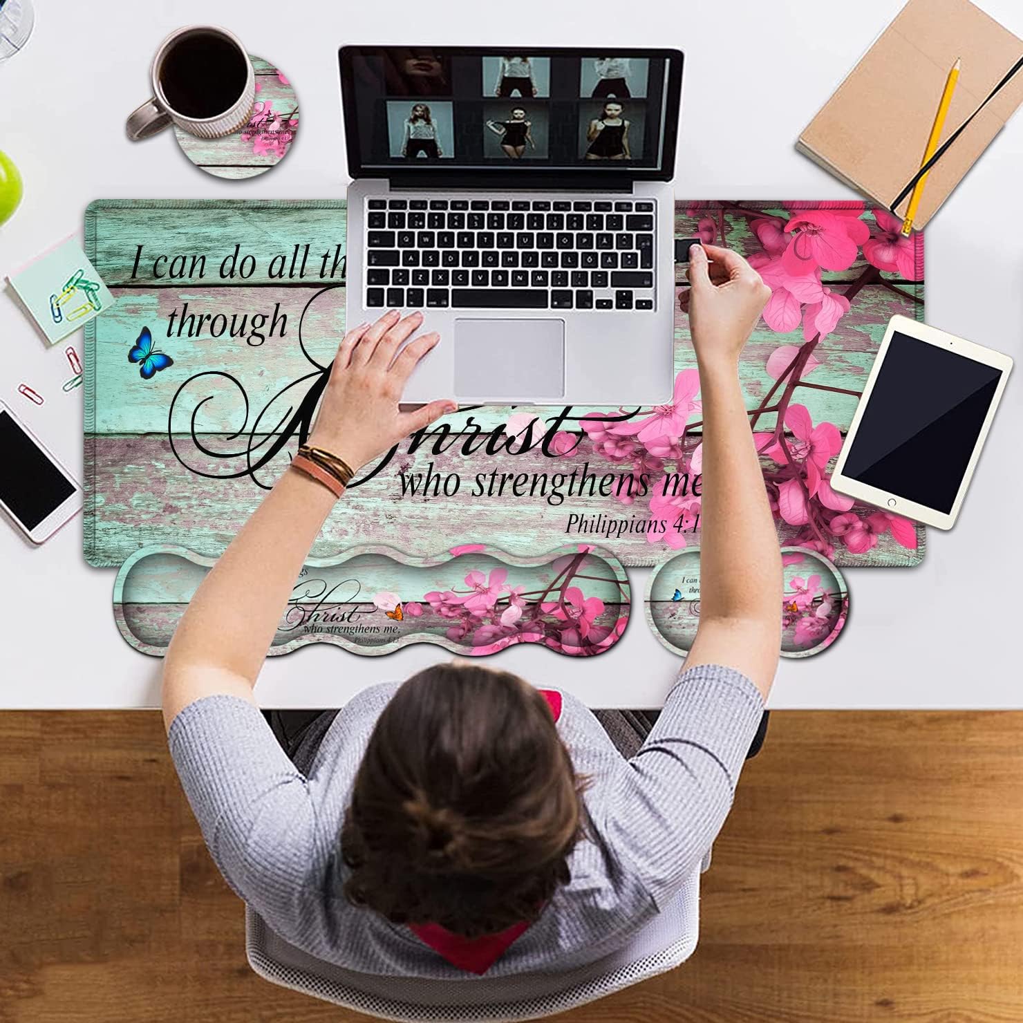 Ergonomics Keyboard Mouse Pad Set, Memory Foam Keyboard Wrist Rest Support,XXL Extended Big Wireless Gaming Mouse Mat 31.5x11.8 in Desk Pad, Philippians 4:13 & Red Flowers Large Mouse Pad