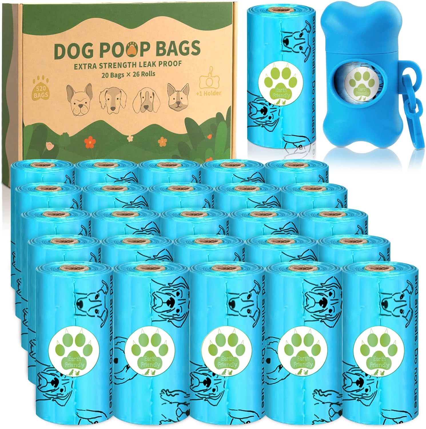 MULEVIP Bolsas Caca Perro 520 Unidades/26 Rollos Bolsas para Excrementos de Perro, Bolsas Perro, con 1 Dispensador Bolsas para Caca de Perro,Dog Poop Bag,Extra Grueso,Prueba de Fugas