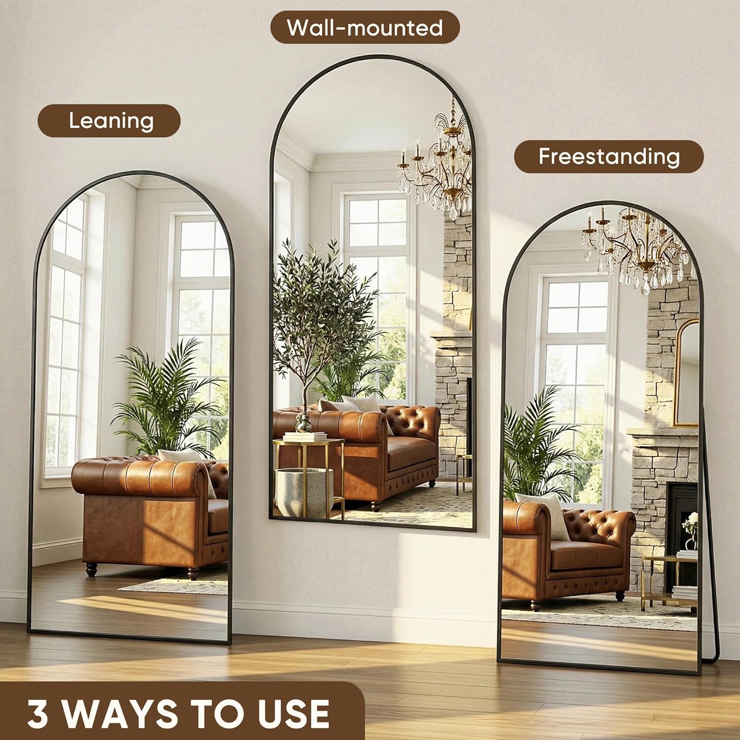 Antok Full Length Mirror, 58"x18" Floor Mirror with Stand, Hanging Mounted Mirrors for Bedroom, Living Room, Cloakroom, Dining Room, Black, Arched