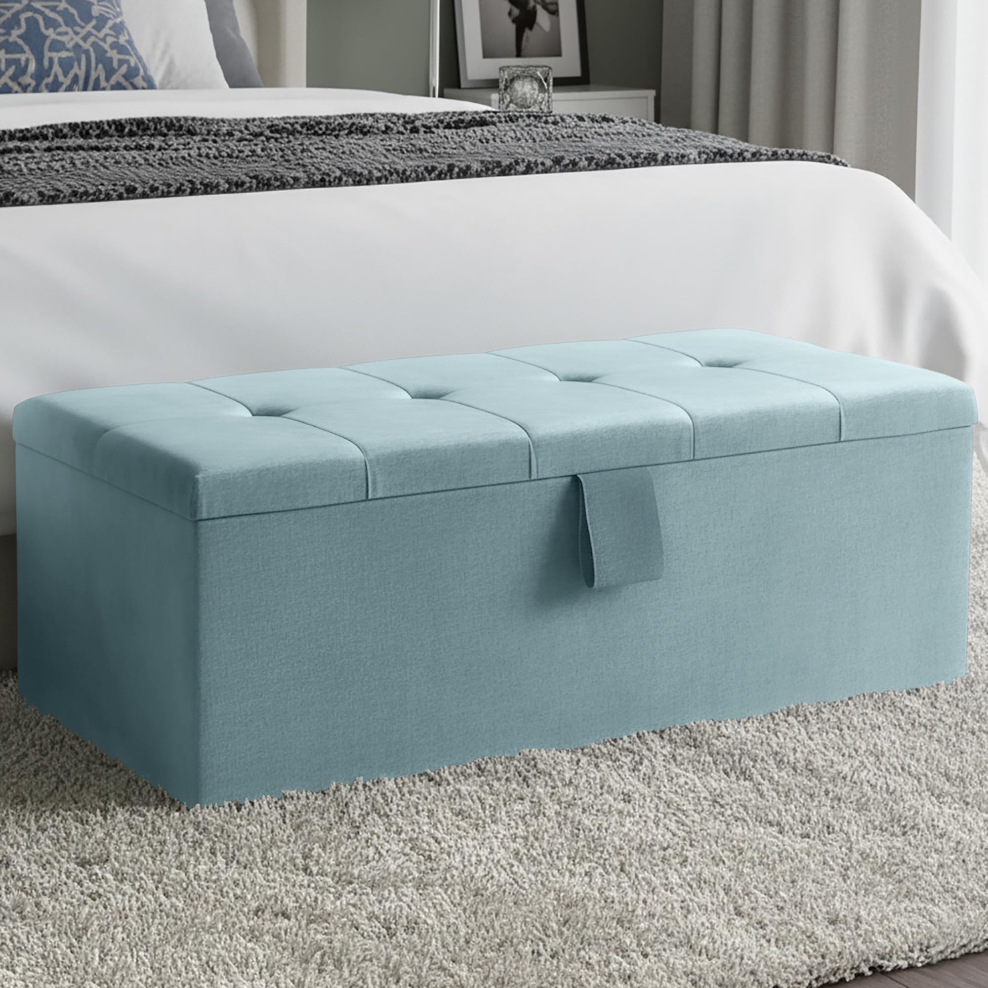 Handcrafted Ottoman Storage Box - Large Cube Style Engineered Wood Luxurious Plush Velvet Ottoman Storage Bench - (Duck Egg Plush, No Legs)