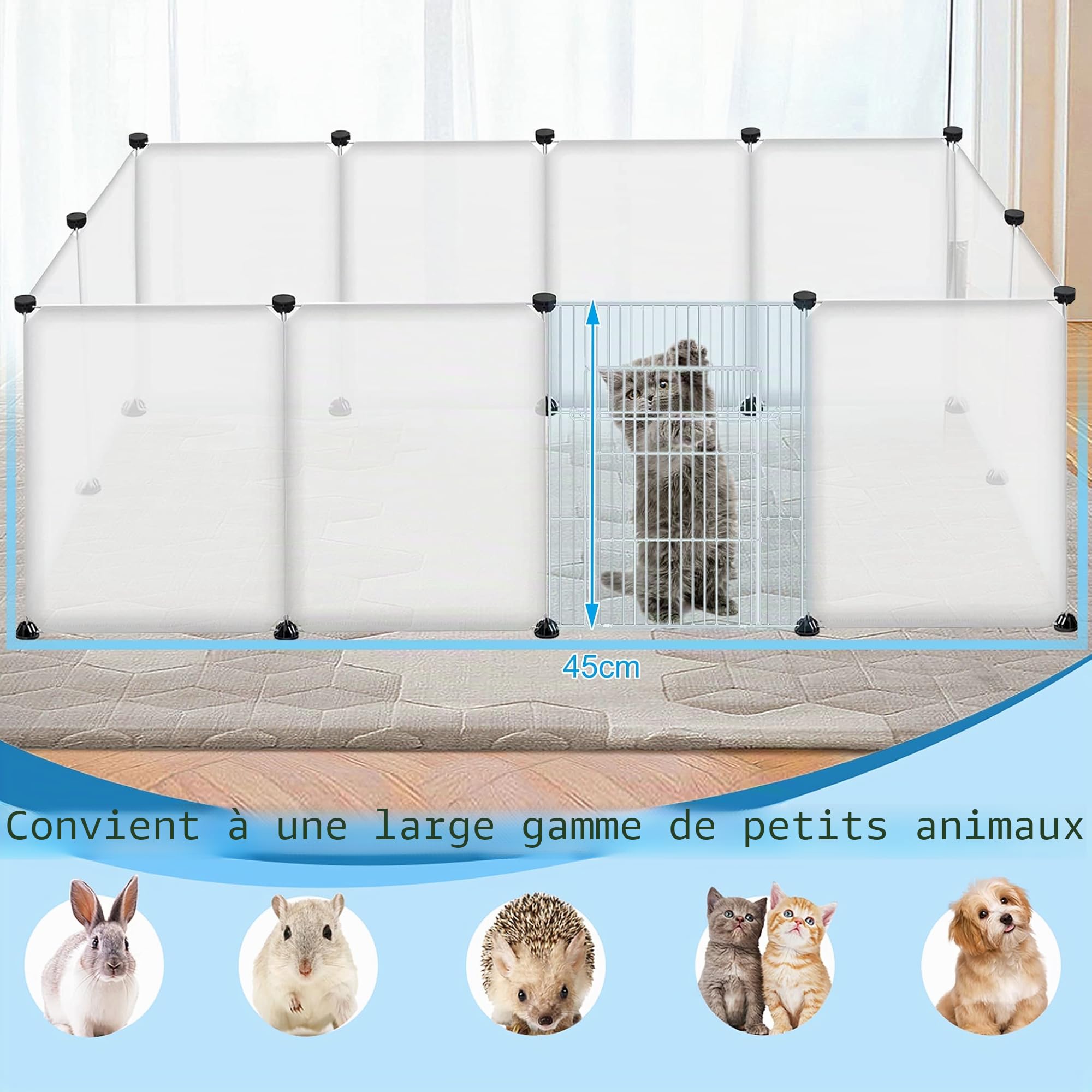 Froadp Enclos Extérieur pour Lapins et Petits Animaux de Compagnie 145x75x48cm en Plastique, Enclos Grillagé avec Porte pour Cochons d'Inde, Animaux de Compagnie, Cage pour Chiots (Blanc Translucide)
