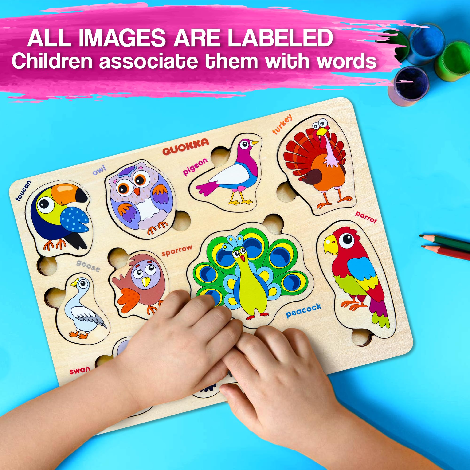 QUOKKA Puzzle Legno Bambini 2 Anni - 3 Giochi Montessori per Bambini da 1 Anno - Puzzle Giocattolo in Legno con Uccelli per Bambini da 2 a 3 Anni - Educativo Giocattolo Regalo Bambino 1 2 3 4 Anni