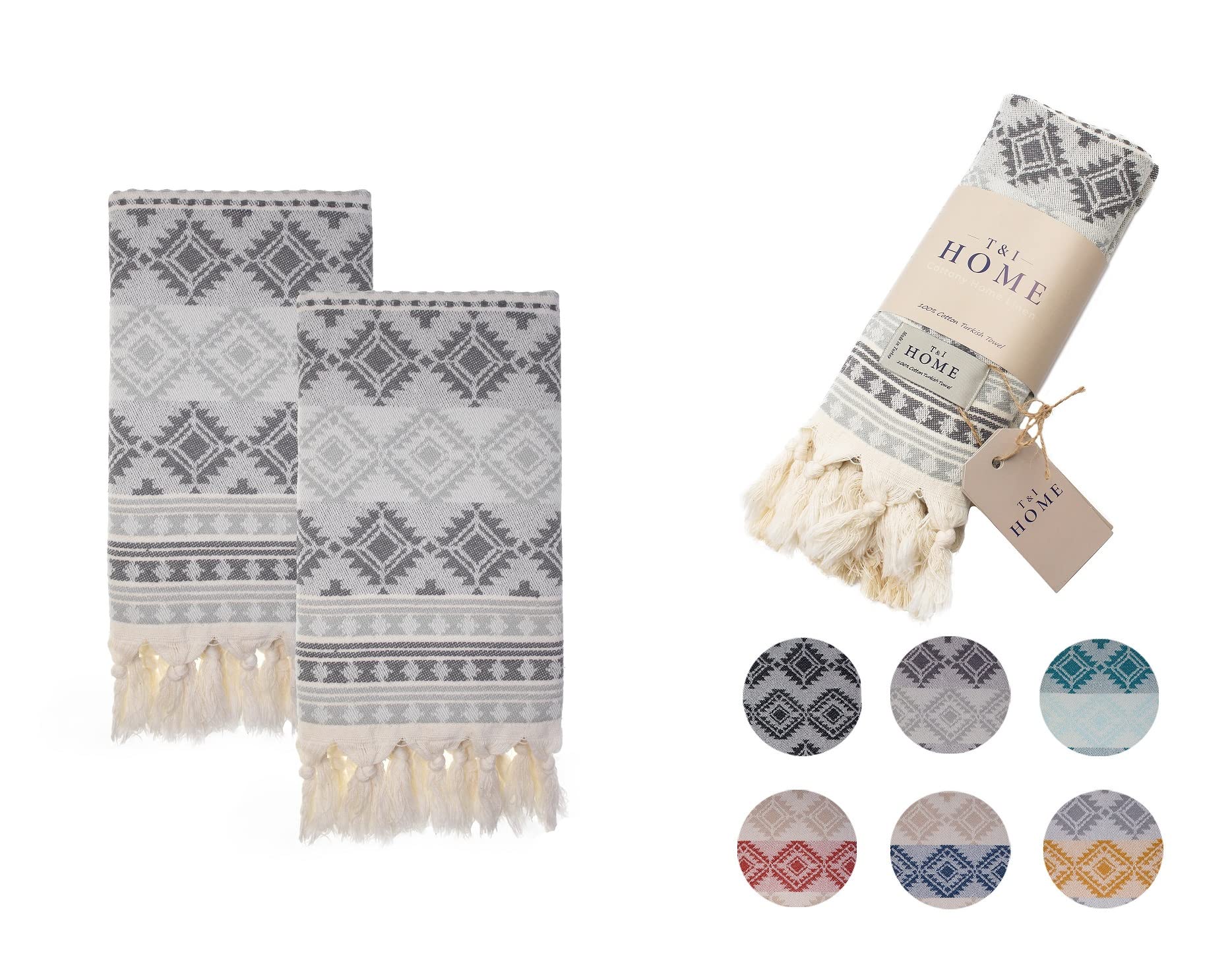 T&I Home Aztec Decorative Turkish Hand Towels for Bathroom - Set of 2 (16x40) Gray, Soft 100% Cotton - Quick Dry, Prewashed, No Shrink - Farmhouse Boho Kitchen Towel Set, Hair, Face, Tea, Dish