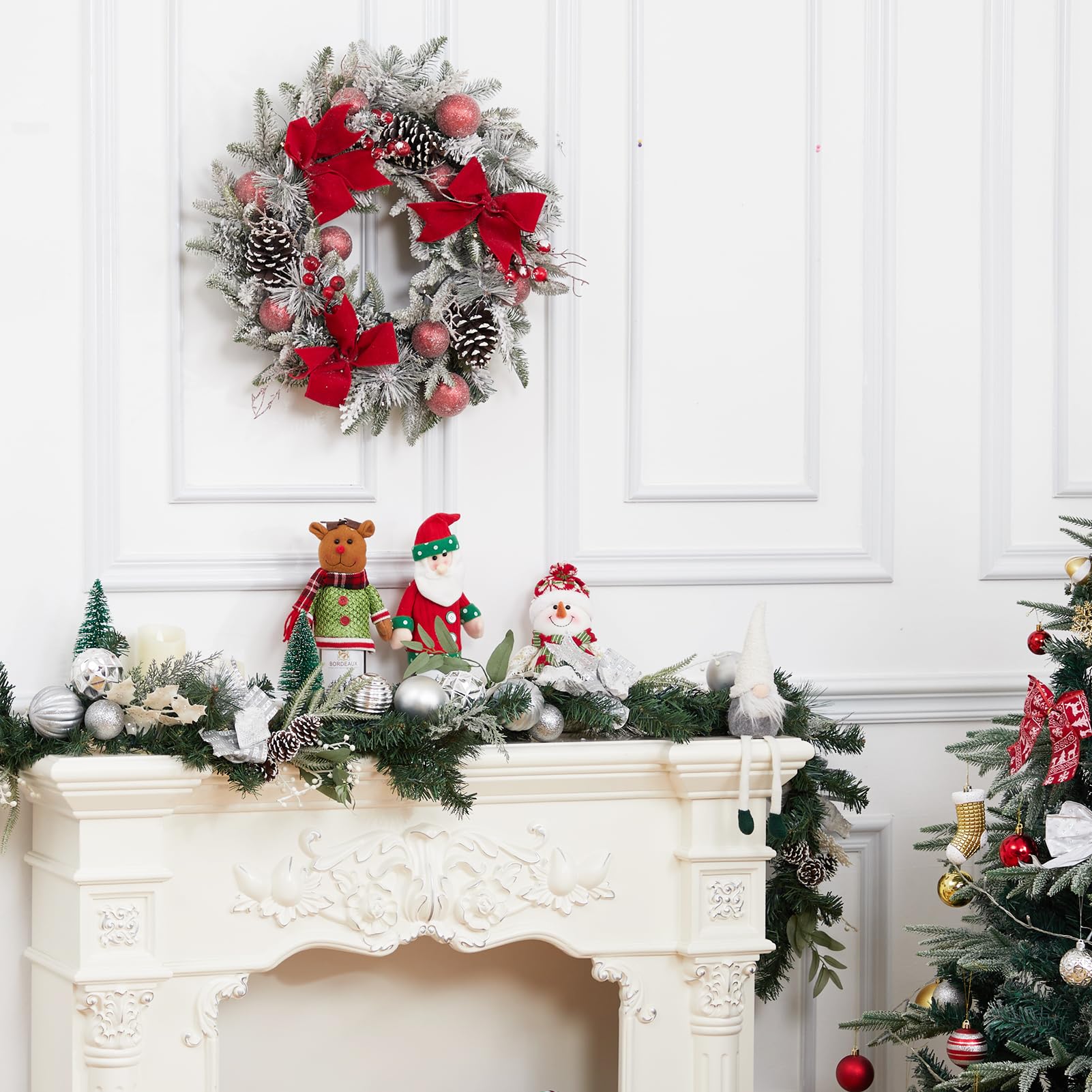 GAOMON Christmas Wreath with Lights, 24 Inch Snow Flocked White Winter Wreath with 30 LED Lights Pine Cones Velvet Bows for Front Door Fireplace Holiday Indoor Outdoor Decoration, Battery Operated