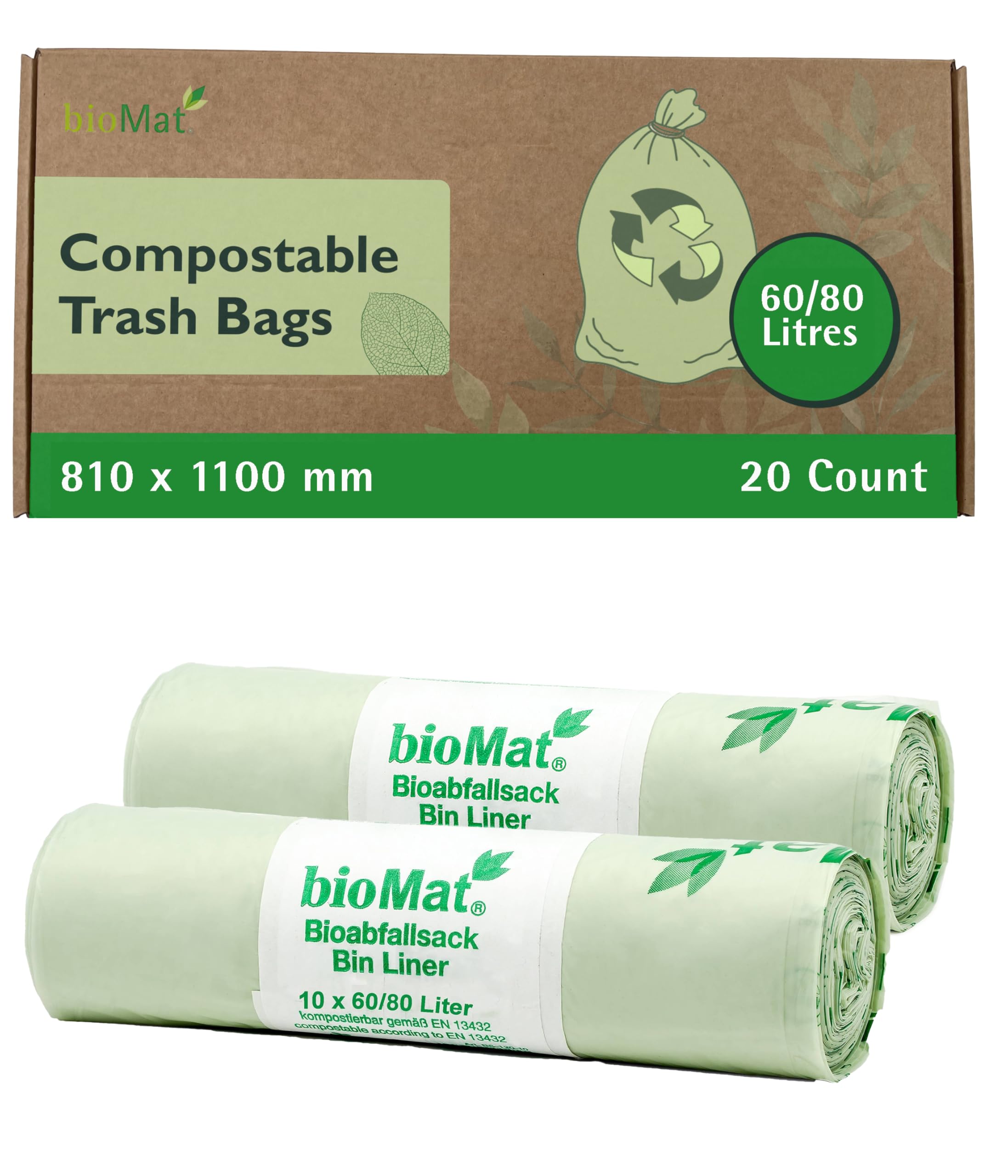 bioMat Compostable 80 Litre Wheelie Bin Liners, 20 Refuse Sacks, EN 13432 Certified Compostable Food Waste Bags, for Organic Waste, Household Waste