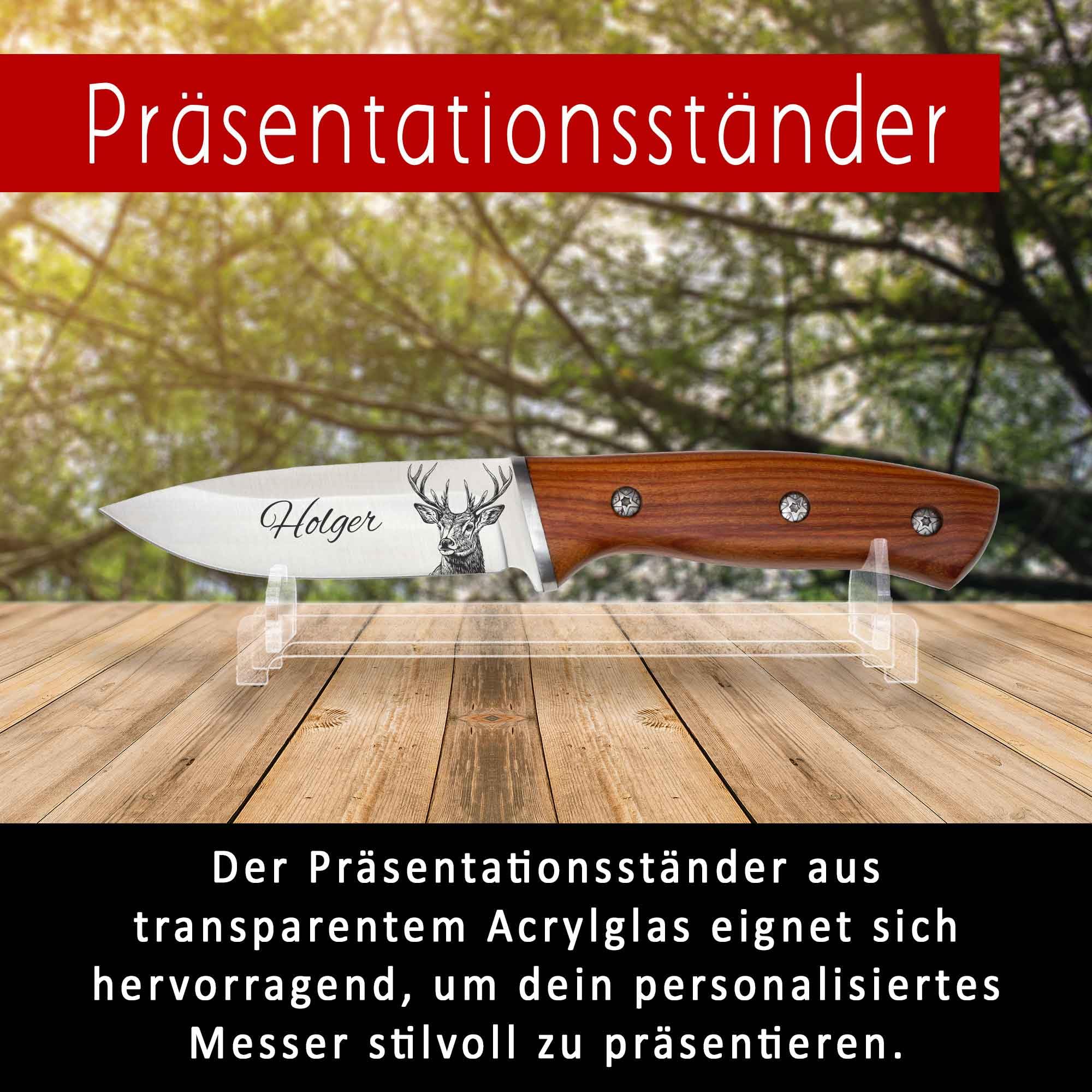ADAM WILD Jagdmesser mit Gravur | personalisierte Jagd-Geschenke für Jäger | Wildsau, Hirsch, Wolf, Reh & Fuchs mit Wunschname graviert | rostfreier Edelstahl, Holzgriff & Lederscheide | Jagdzubehör