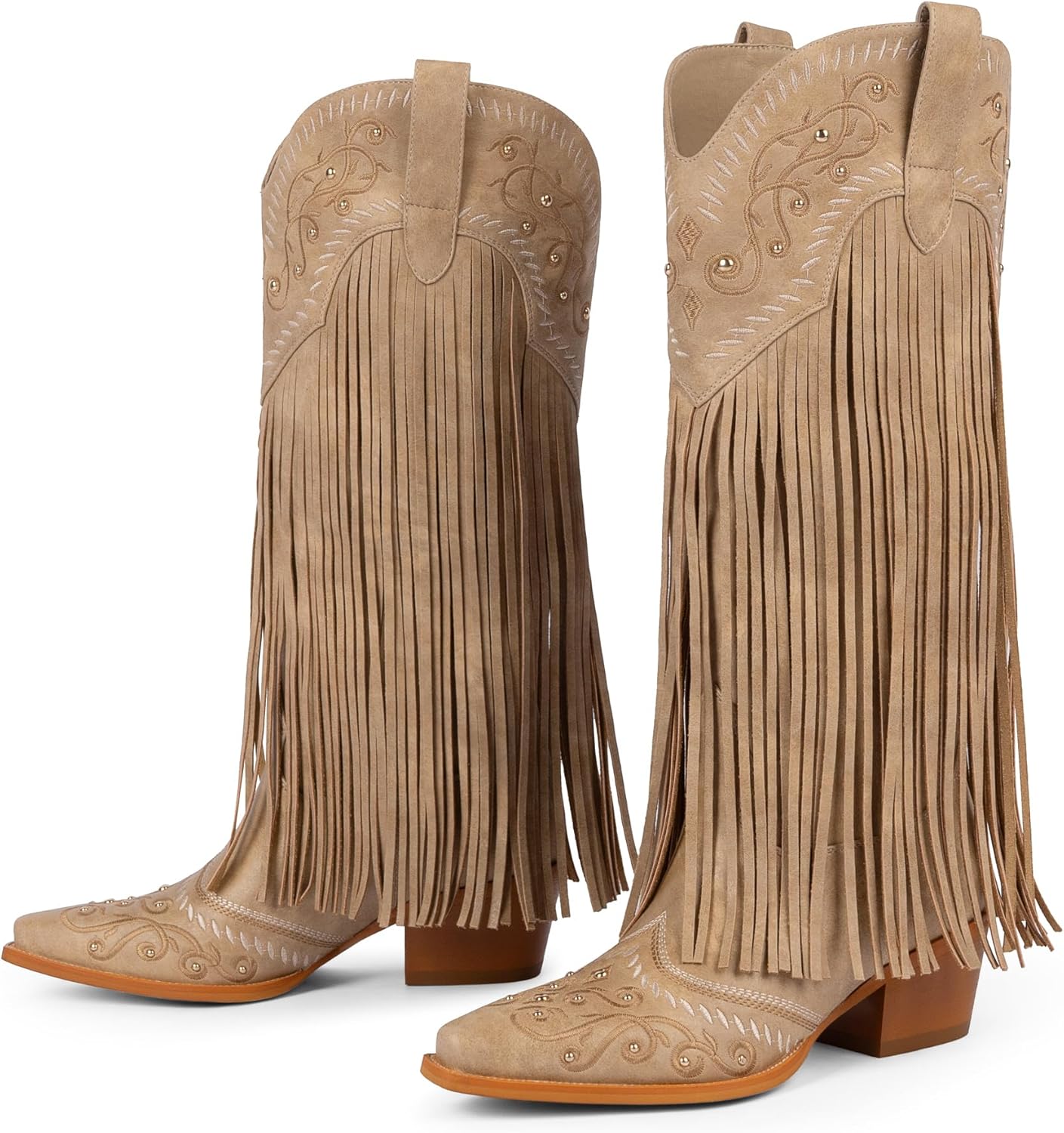 Modatope Cowboy Boots for Women Fringe Knee High Boots Embroidered Cowgirl Western Pointed Toe Chunky Heel Slip on Wide Calf Cowboy Boots - Image 7