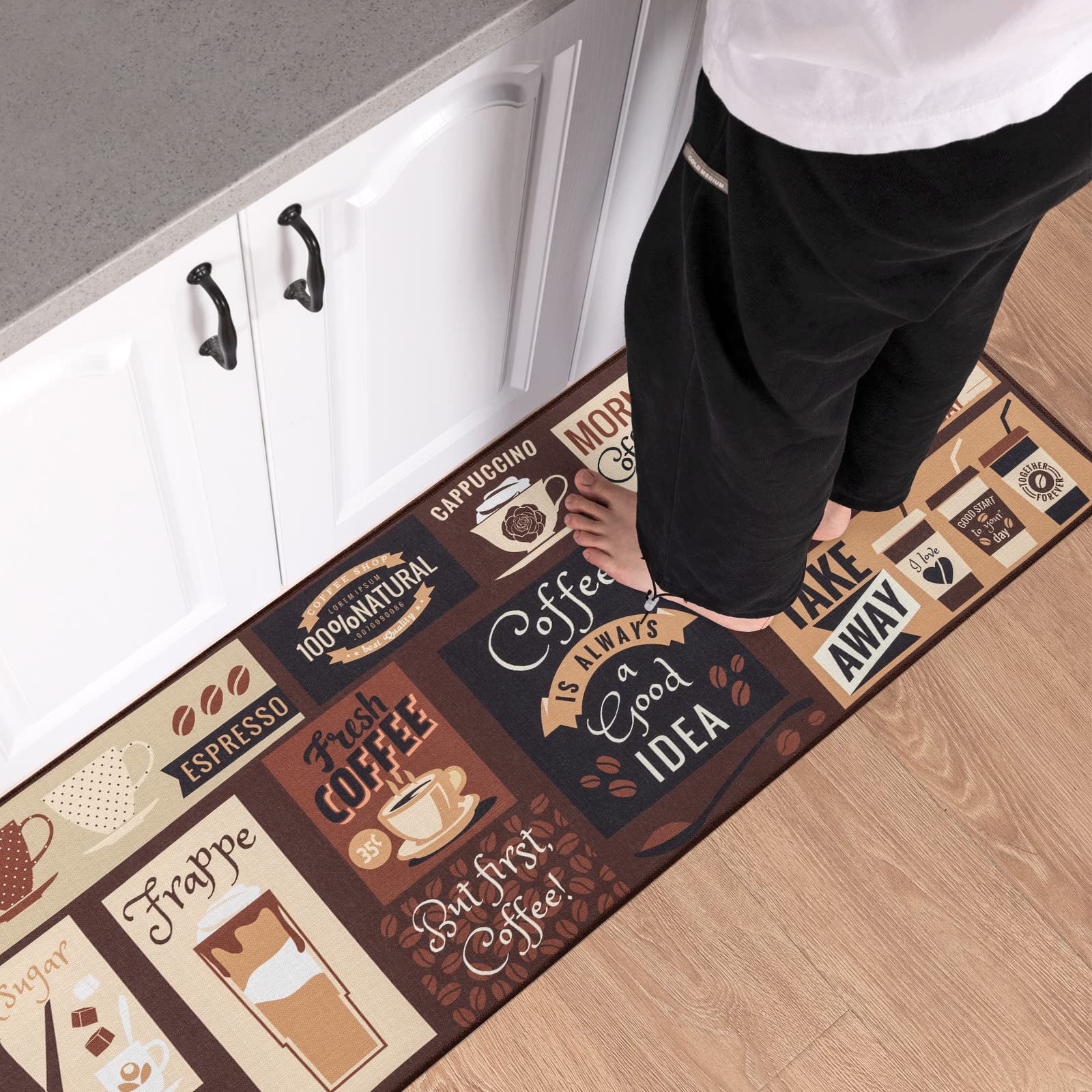 2 piezas Tapete antideslizante de cocina, Tapete con respaldo de caucho termoplástico antideslizante, diseño de Café (17 x 48 pulgadas y 17 x 24 pulgadas) 7