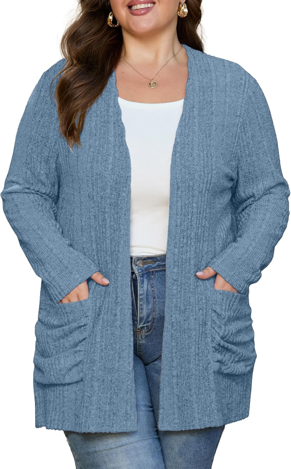 OLRIK Women Plus Size Cardigan Lightweight Knit Sweater Open Front Long Sleeve Stretchy with Pocket Fall Winter Outfits