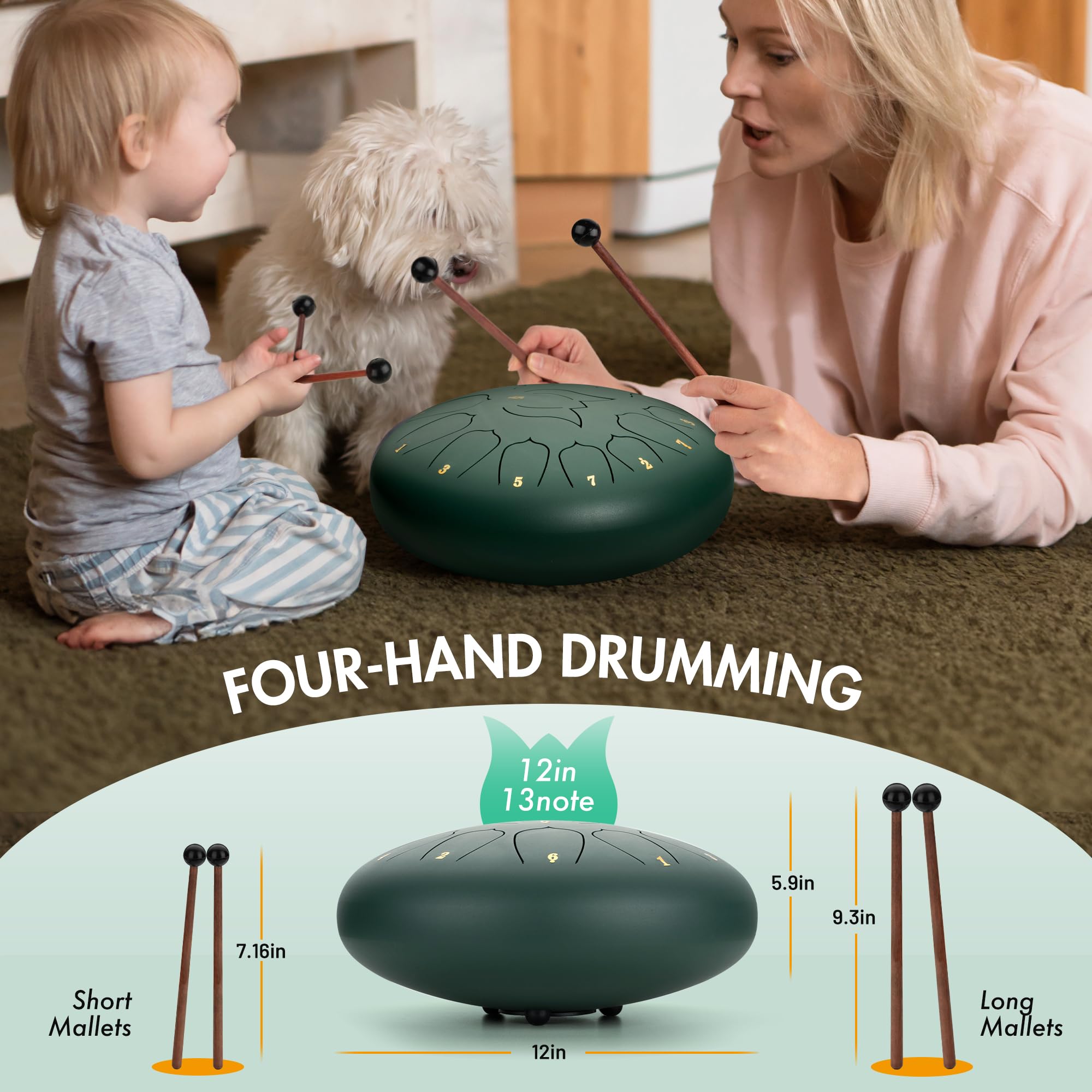 CAHAYA Tambor de lengua de acero, 13 notas: Tambor de mano de acero con llave C de 30,5 cm con libro de música, mazos de tambor, púas de dedo y bolsa de transporte, verde CY00374-1