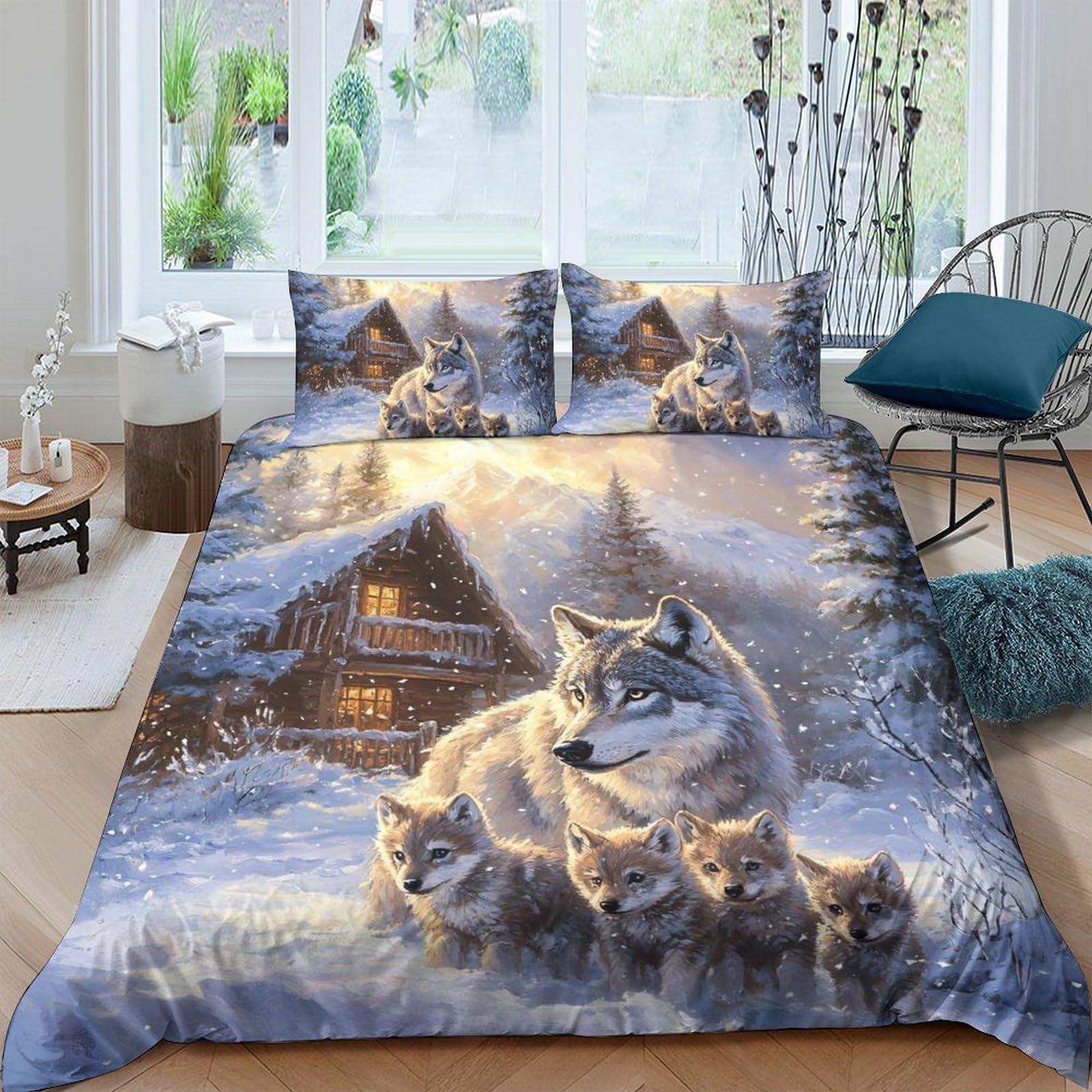 Ctjqhvkz Style-5 3D Printed Winter Wolf Fitted Sheet Microfiber Soft Blue Cabin Scene Mattress Cover Bedroom Guest Room Decor Single（135X200cm）