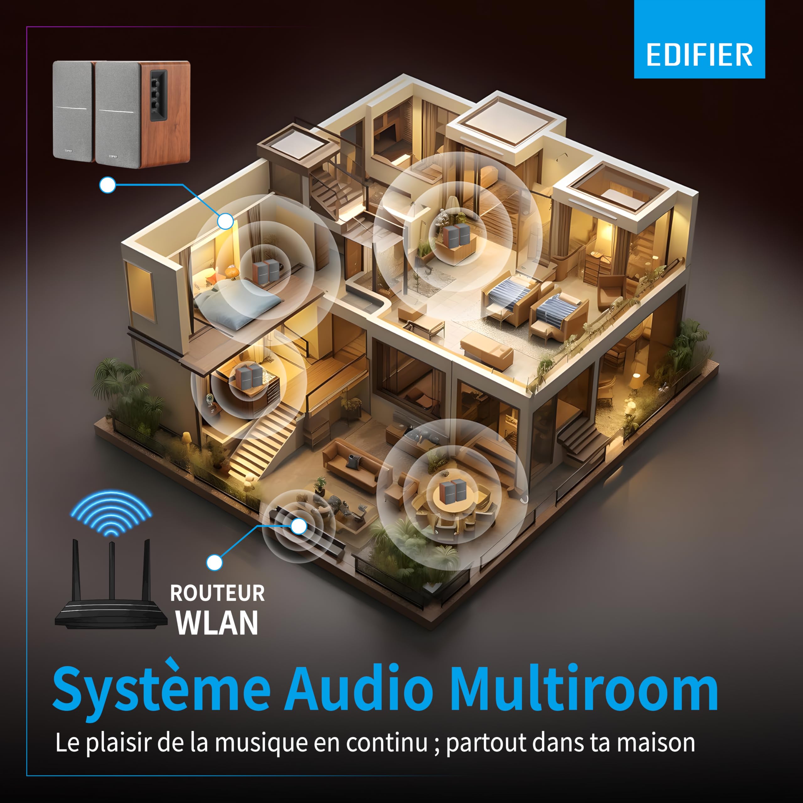 Edifier R1280T WiiM Mini - Enceintes bibliothèque Actives 2.0 avec WiiM Mini Inclus pour Streaming Airplay 2 Fonctionne avec Alexa & Siri - 42 W RMS - Bois