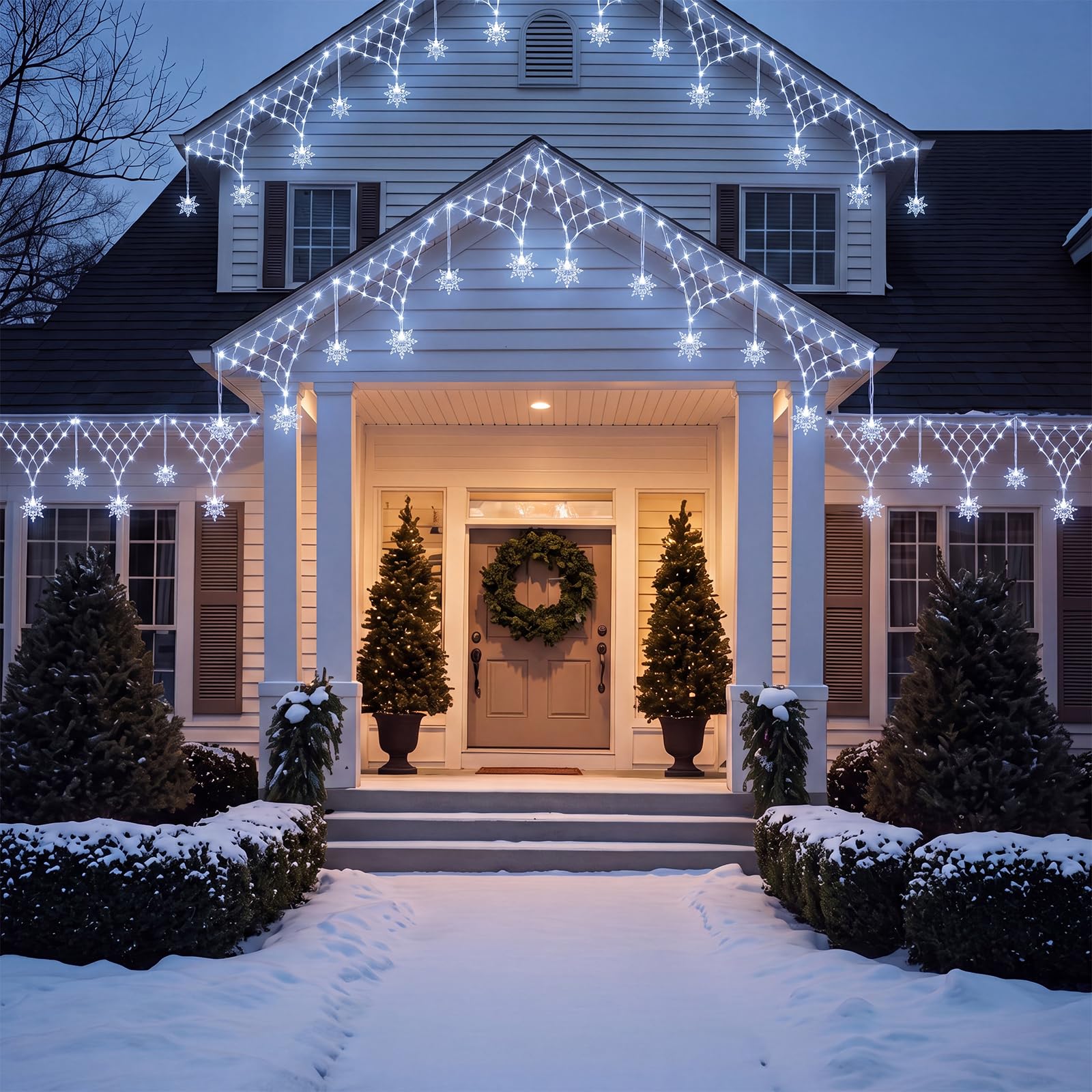 Lewtemi 2 Stück 4 m Schneeflockennetz Weihnachten Outdoor Zaun Lichter Kaltweiß Solar Vorhang Lichter mit 8 Beleuchtungsmodi, wasserdichte Weihnachtszaun Dekorationen für Hof, Terrasse, Traufe Garten