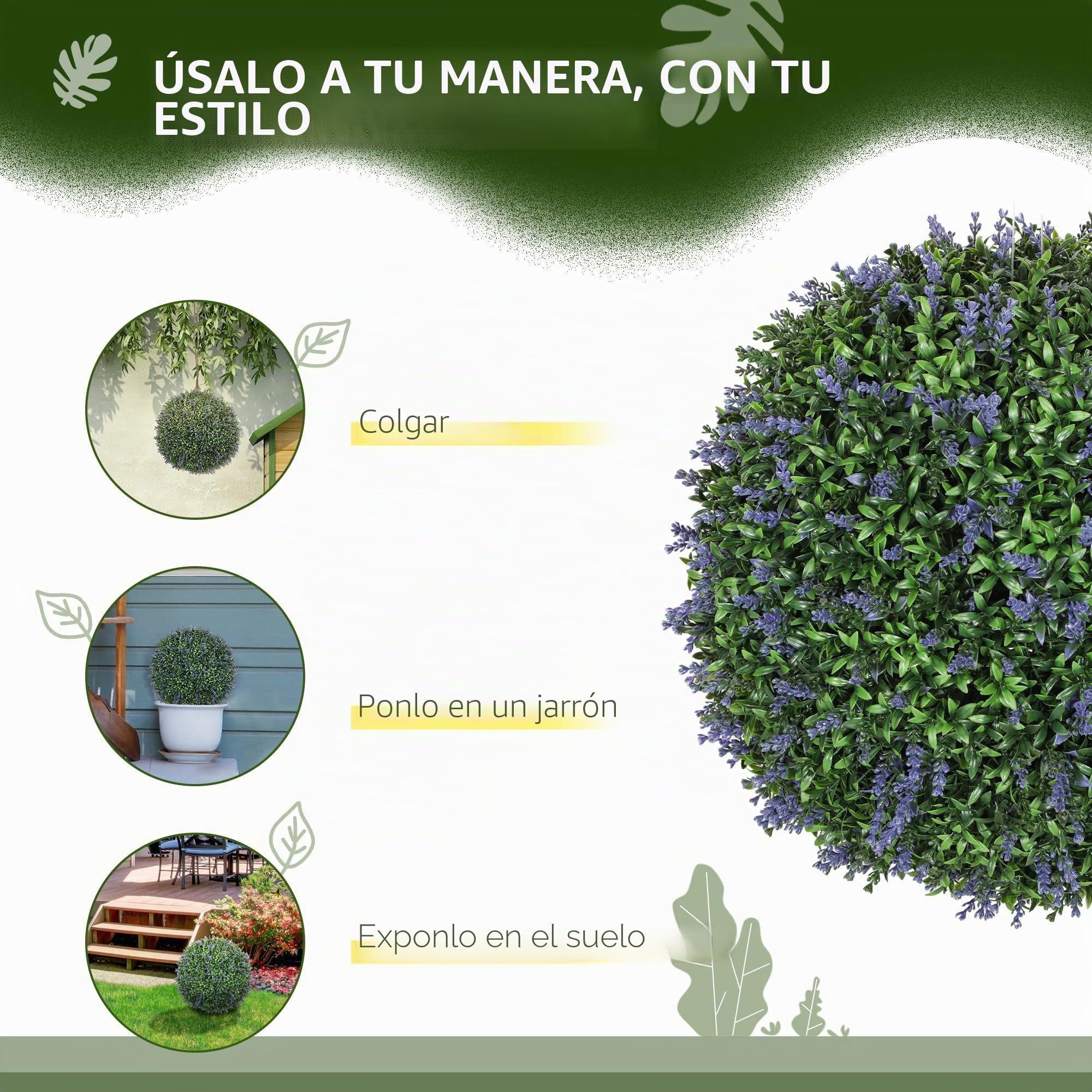 HOMCOM Conjunto de 2 Lavanda Artificial, 42 cm Planta de Interior, Planta Artificial en Forma de Bola, Grandes Flores Artificiales Decorativas para el hogar, Oficina, Pasillo, jardín, púrpura + Verde | Planta artificial en forma de bola, flores artificial