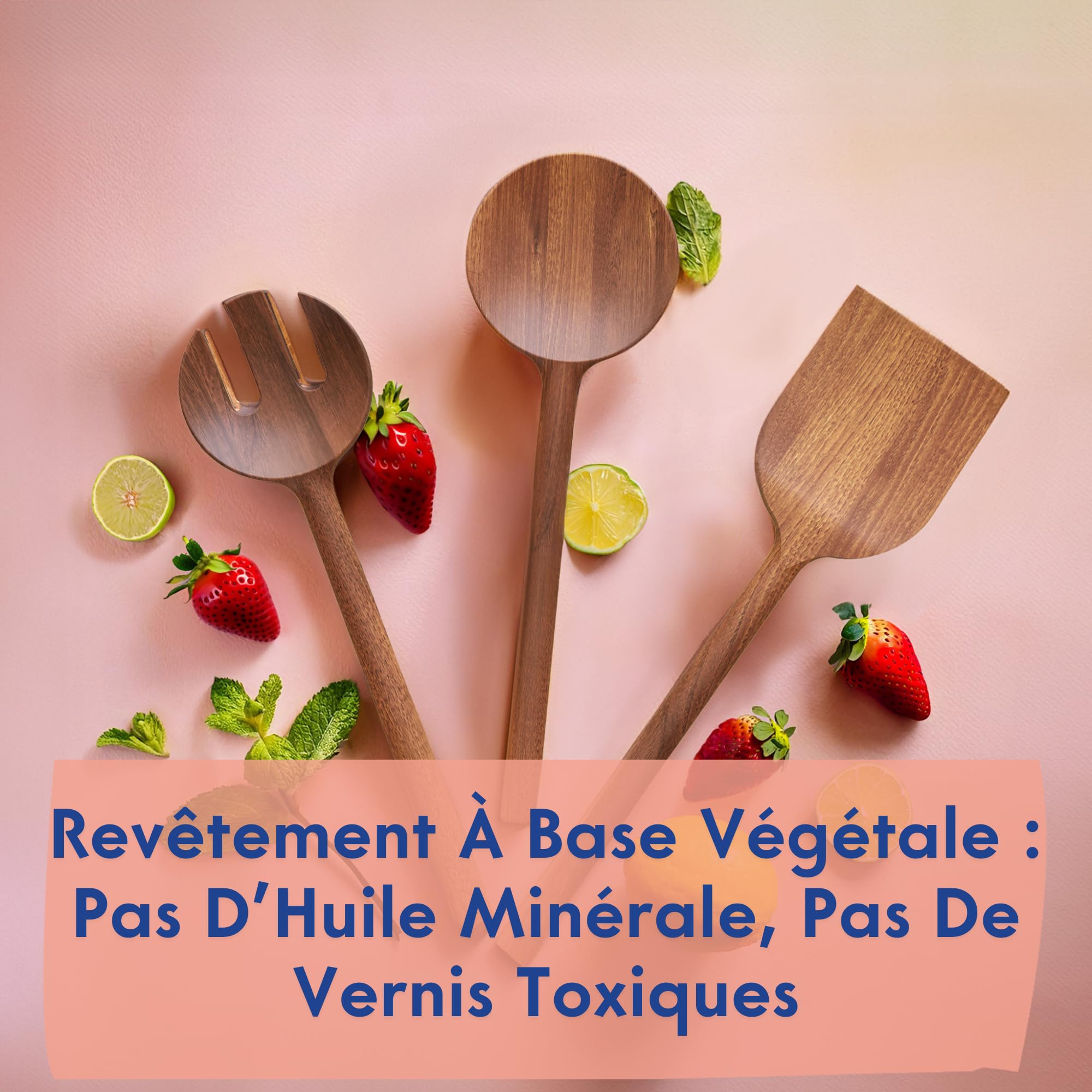 Lot de 6 ustensiles de cuisine en bois monobloc – Sans colle et cuillères en bois monobloc pour la cuisine, finition végétale, non toxiques et naturels