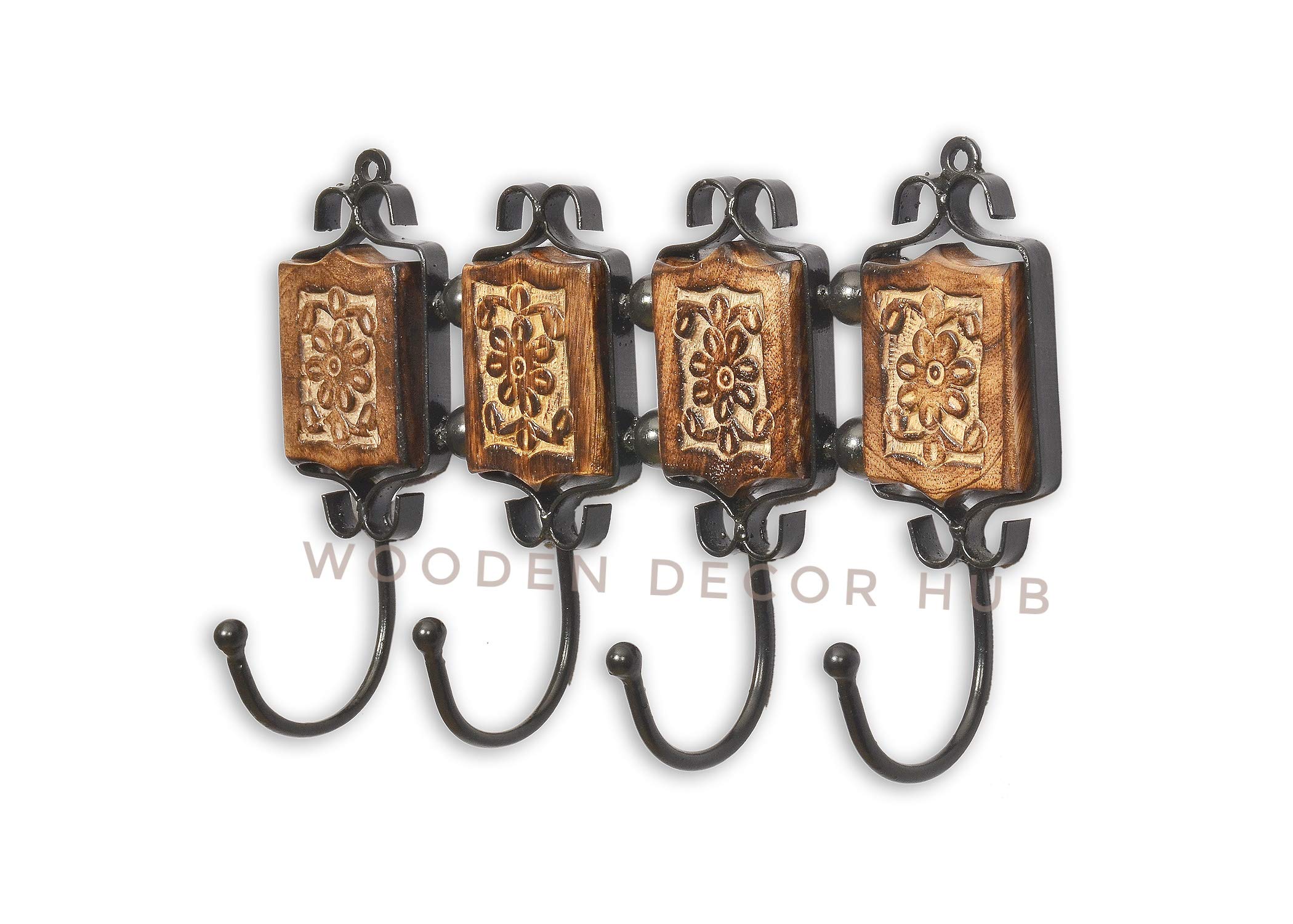 Wooden Decor Hub Decorative Handcrafted Wall Mounted Wooden and Wrought Iron Hooks (12.5 X 7.5 X 3 in, Black)-image-18