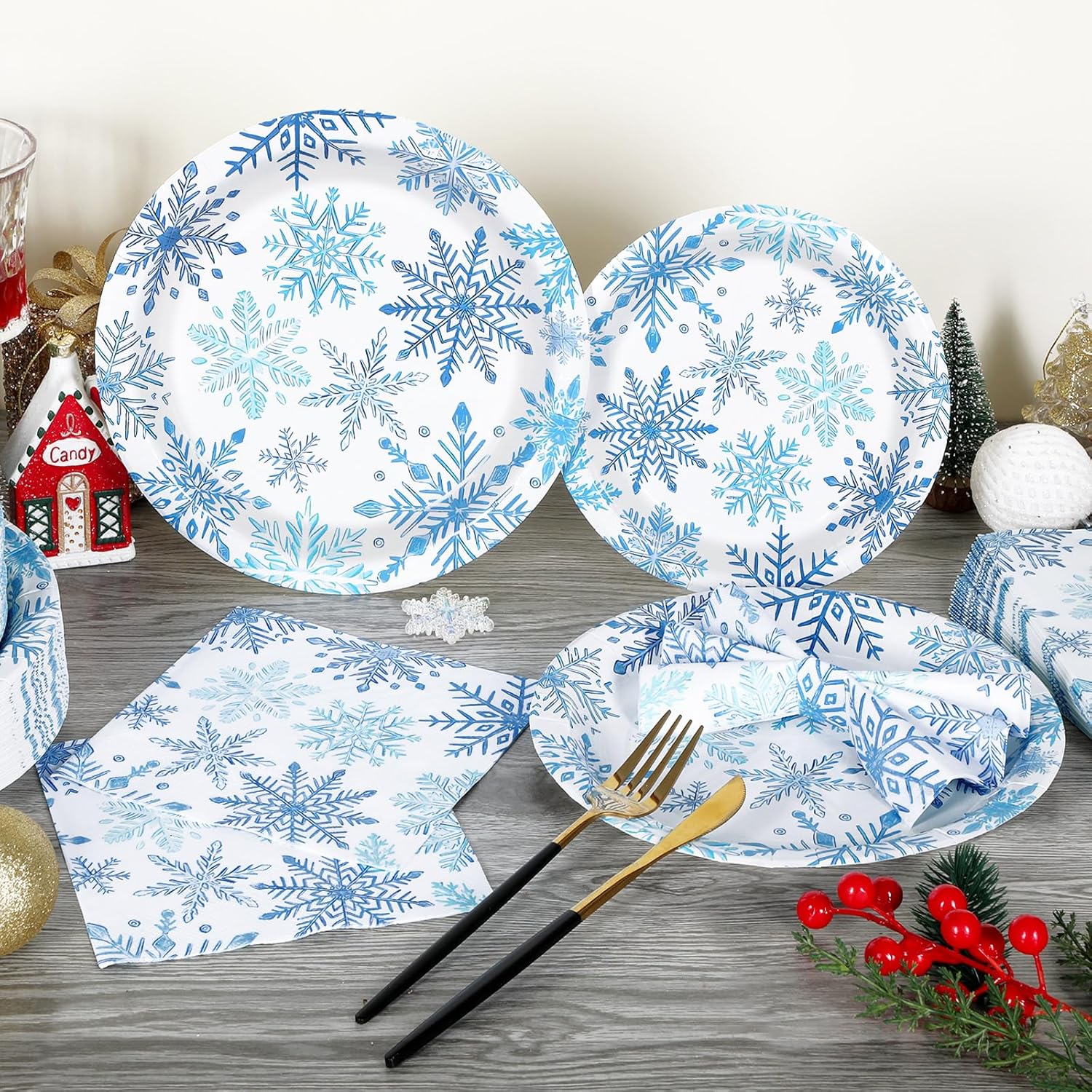 Homlouue 200 PCS Christmas Paper Plates and Napkins Sets, Snowflake Paper Plates and Napkins Disposable, Heavy Duty Christmas Plate Disposable, Blue Snowflake Holiday Plate Napkin, Serve 50 Guests