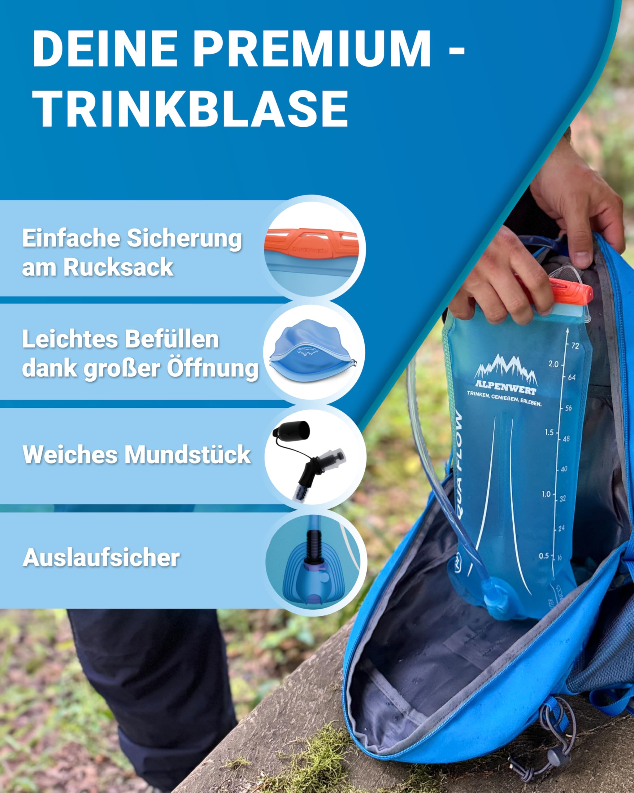 SASMO® Drinkrugzak (zand) met thermovak, ultralicht, 300 g, looprugzak met drinkzak, 2 l, BPA-vrij, met reflectoren, hardlopen, fietsen en joggen