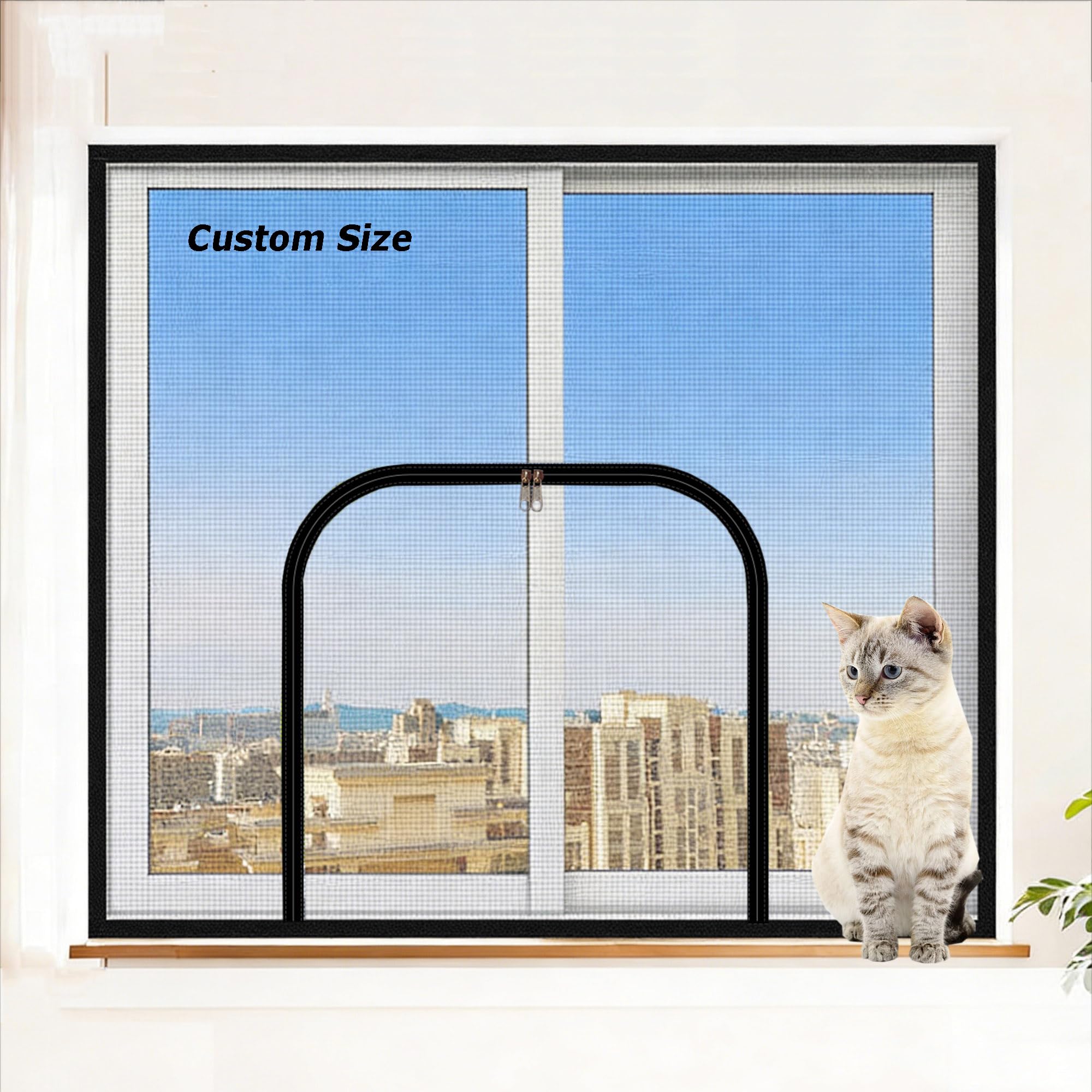 ADUODAO Custom Size Cat Window Screen Mesh, Self-Adhesive Cat Protection Window Guard Nets, Fly Screen Mosquito Nets Pets Safety Mesh with Zipper for Bedroom Kitchen