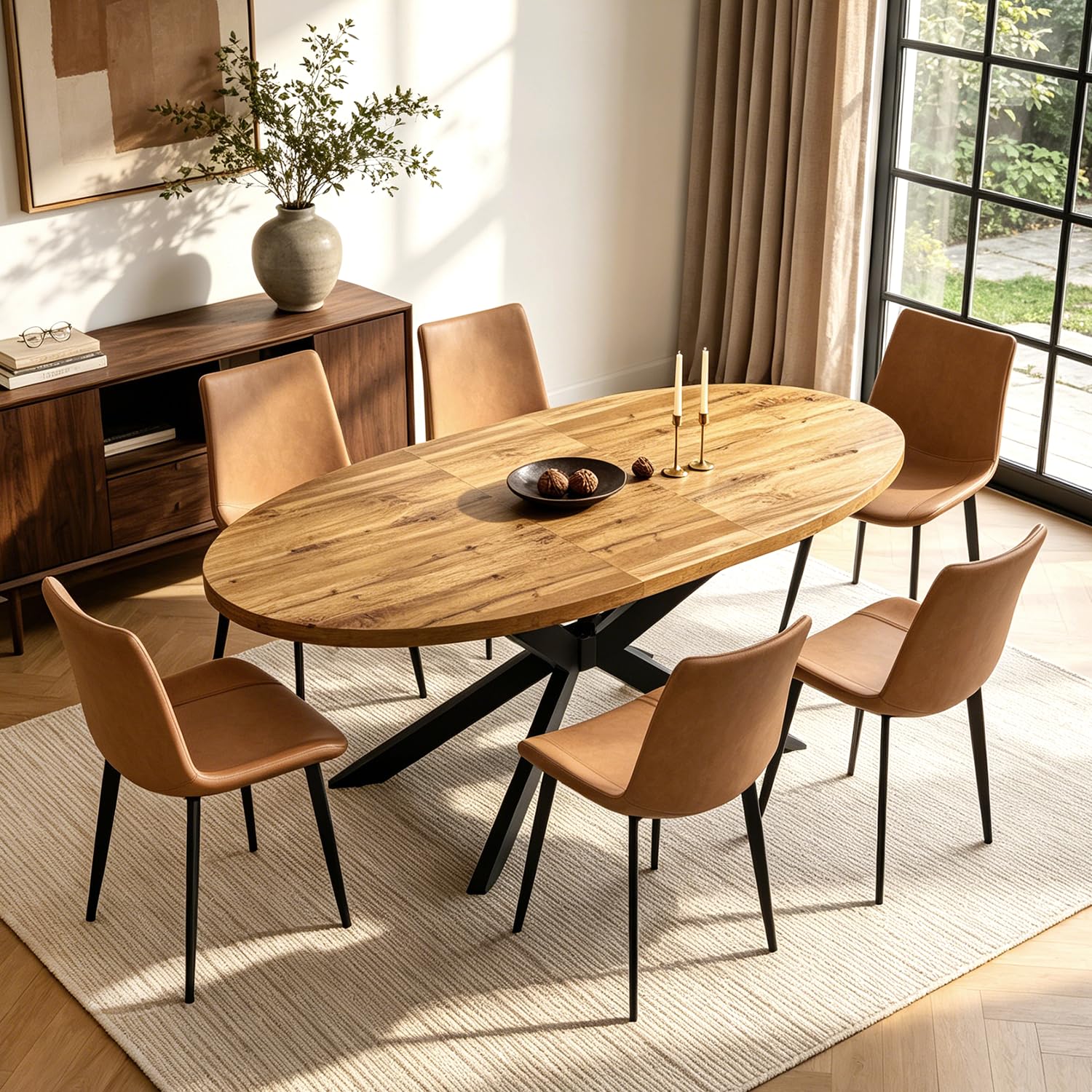 63"-78.7" Extendable Round Dining Table Set for 6, 7 Piece Mid Century Modern Oval Kitchen Table Set, Large Dining Table with 6 Chairs for Living Room