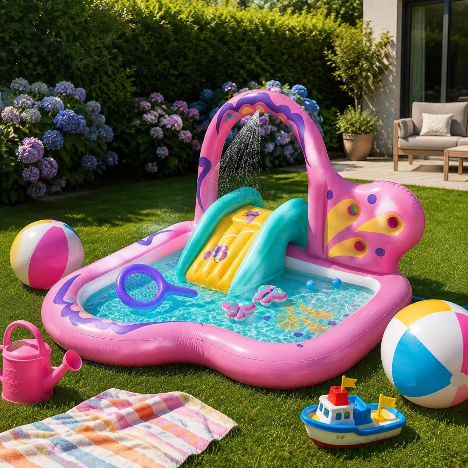 Piscine Gonflable Papillon Gonflage Rapide Bassin de Jeu avec Toboggan Structure Sécurisée Parc Aquatique pour Enfants