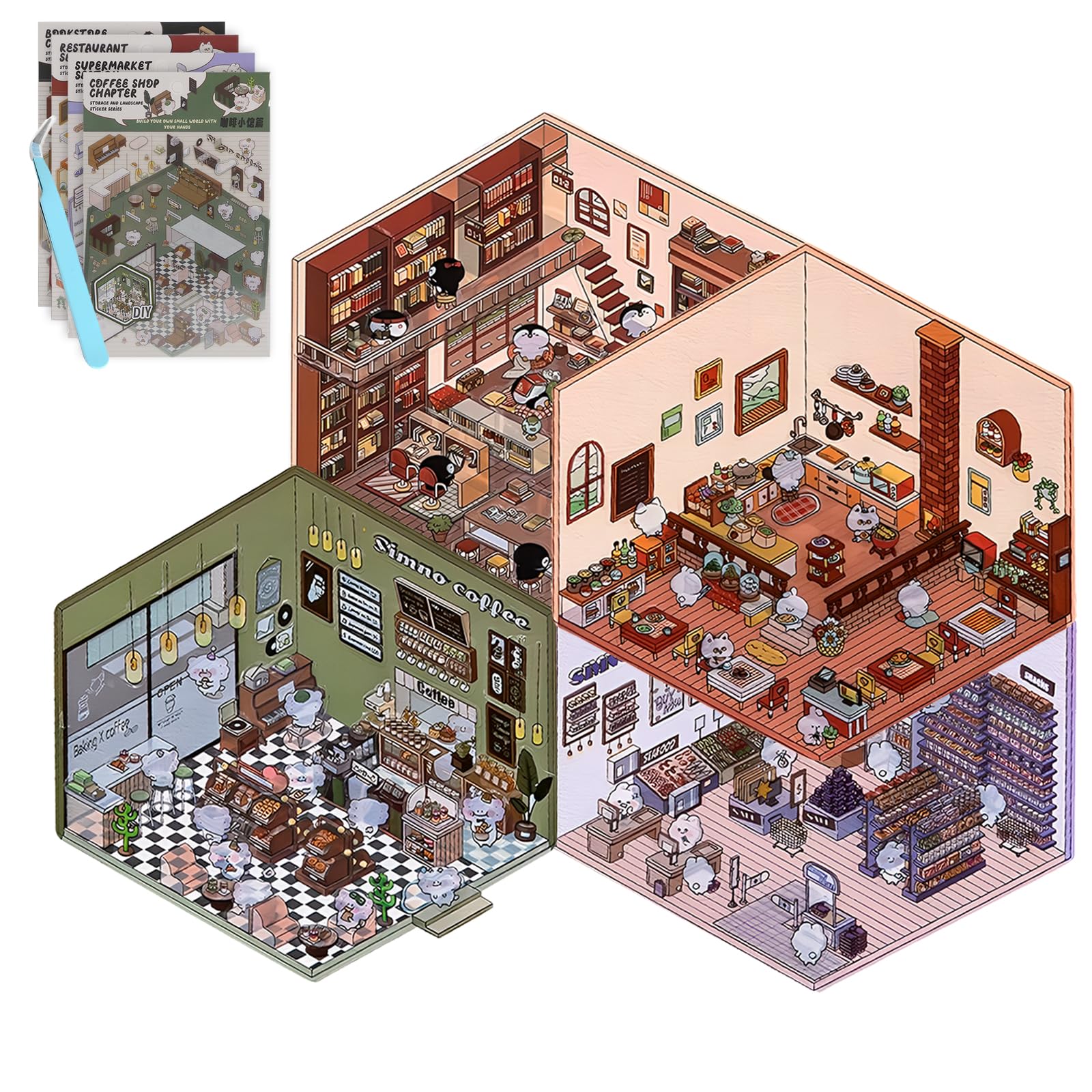 4Sets DIY 3D House Stickers Make Your Own Sticker Supermarket Coffee Shop Restaurant Bookstore 3D House Sticker Set Funny Cartoon Scene Stickers for Relief Stress Pass The Time