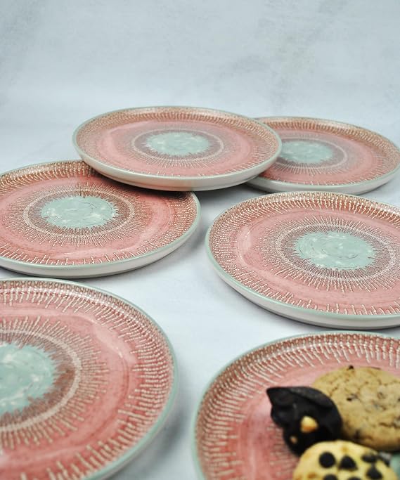 6'lı Desenli Seramik Pasta Tabağı Tatlı Sunum Tabak 21 Cm-Pinko