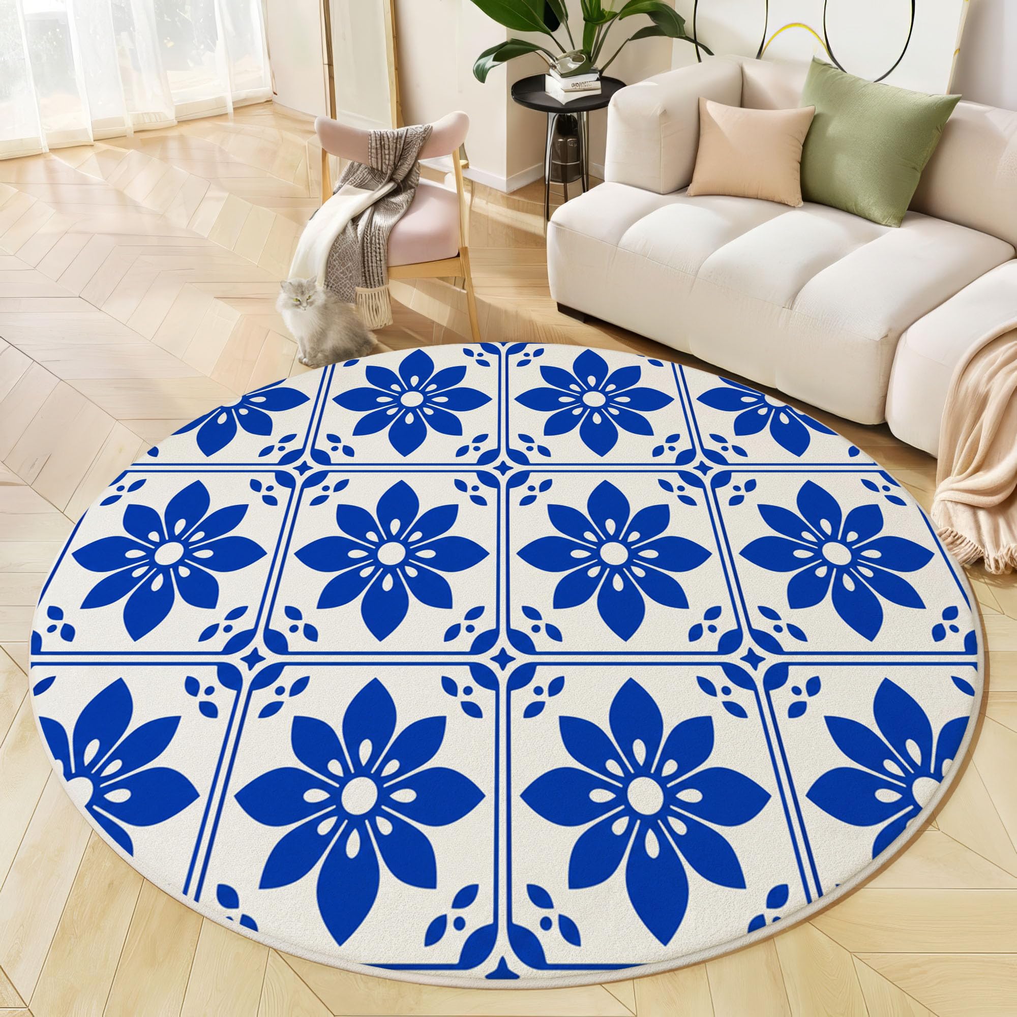 Tapis Rond 160 Cm, Fleurs Traditionnelles Bleu Marine | Lavable Et Antidérapant, Tapis De Sol Doux Carreaux À Damier Méditerranéens Pour Chambre, Salon Cheminée Et Salle De Jeux