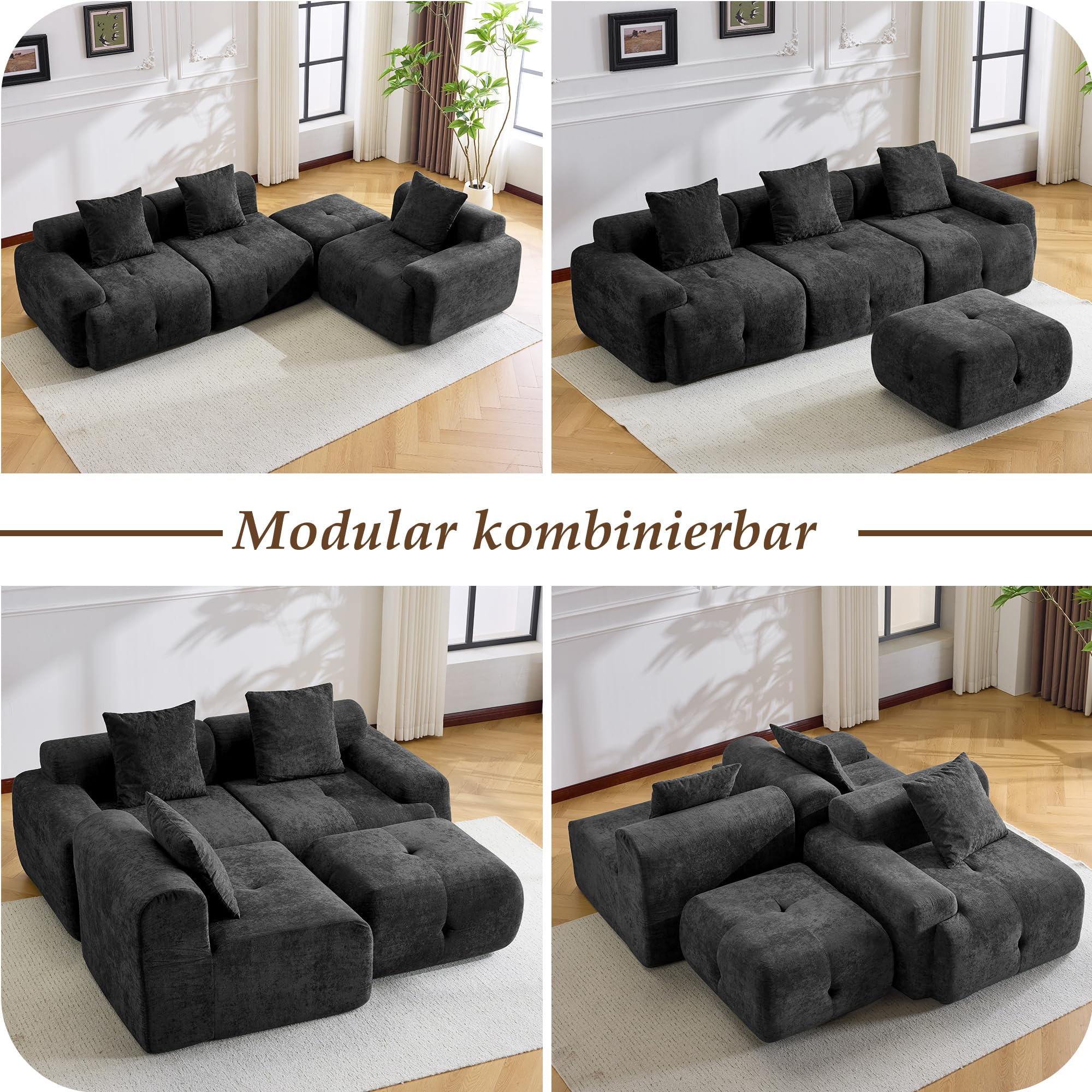 264cm L-förmiges modulares Boneless-Sofa, Ecksofa mit beweglicher Ottomane, tiefer Sitzfläche & Breiten Armlehnen, Cloud Couch ohne Montage für Wohnzimmer, Schlafzimmer (Schwarz)