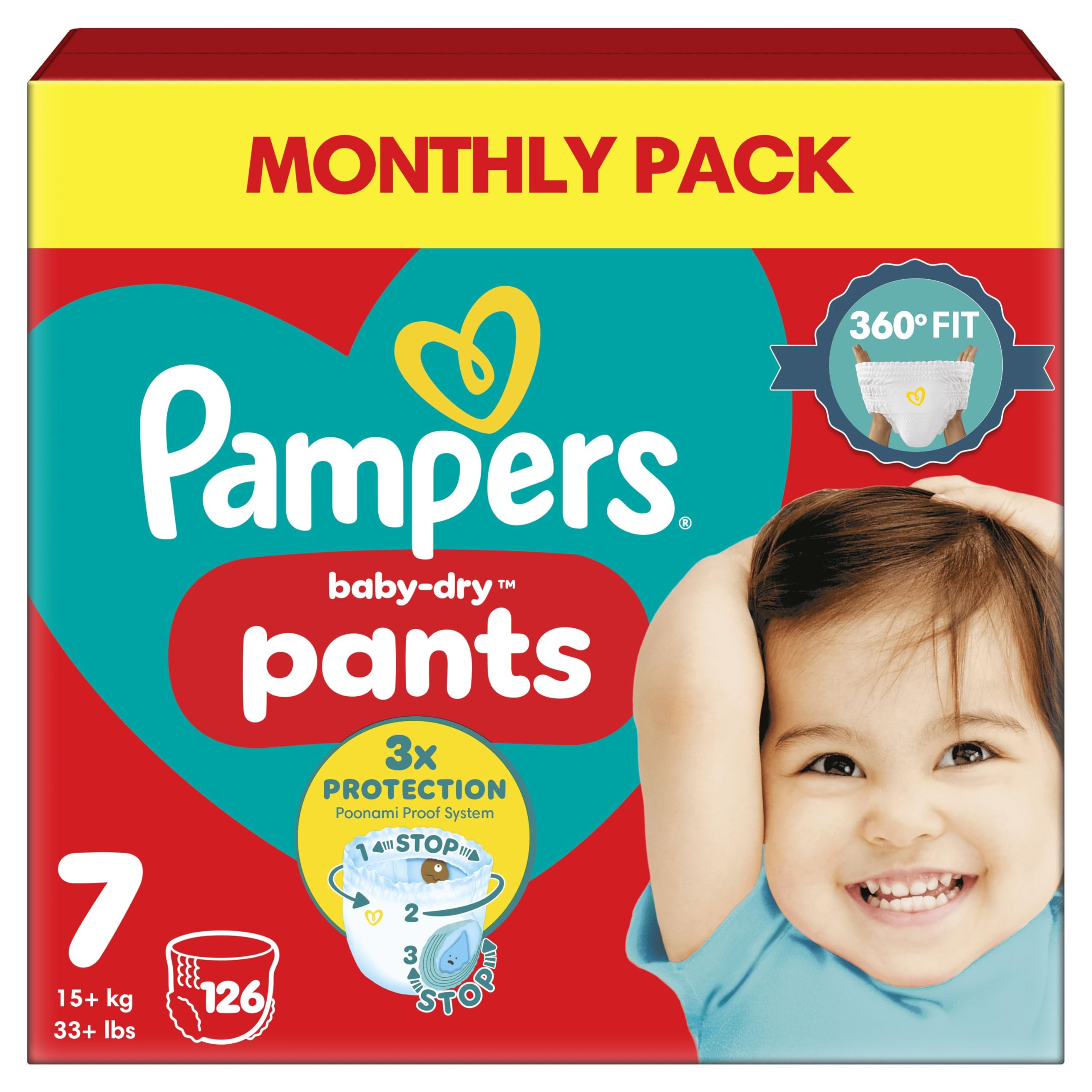 Pampers Baby-Dry Nappy Pants Size 7, 126 Nappies, 15kg+, Monthly Pack, 360° Fit To Help Prevent Gaps And Leaks