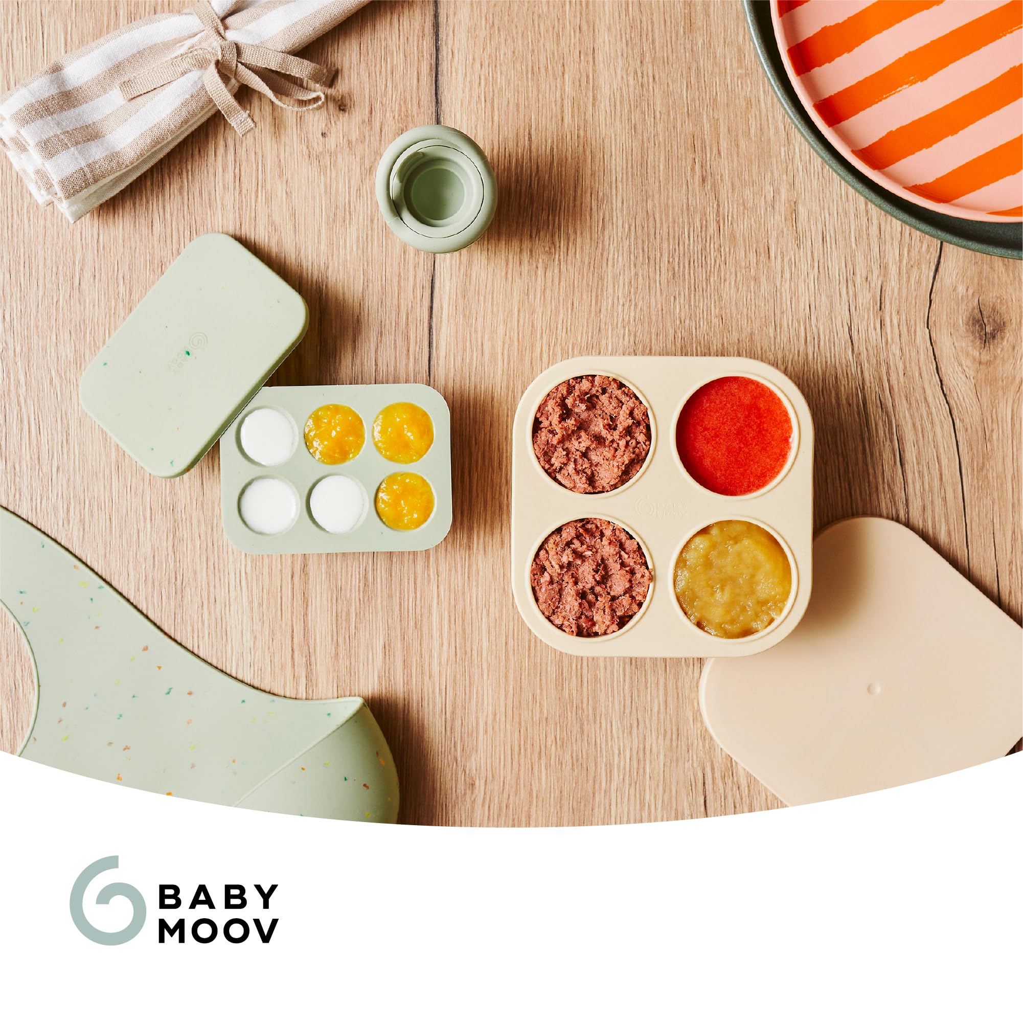 Babymoov 2 Bacs Glaçon Bébé Diversification Alimentaire + 1 Grignoteuse Bébé - Bacs Avec Couvercle - Moule Silicone Premium - Eveille aux Goûts et Soulage les Poussées Dentaires