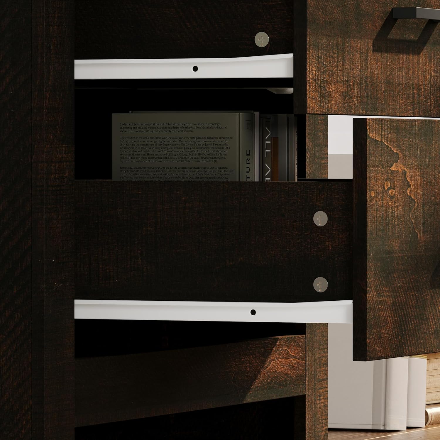 Bedside Table with Drawers, 5 Drawer Nightstand, Wood Night Stand, Modern Side Table, Brown Grain Drawer Storage Organizer with Elevated Base for Sofa Couch Bedroom Small Space