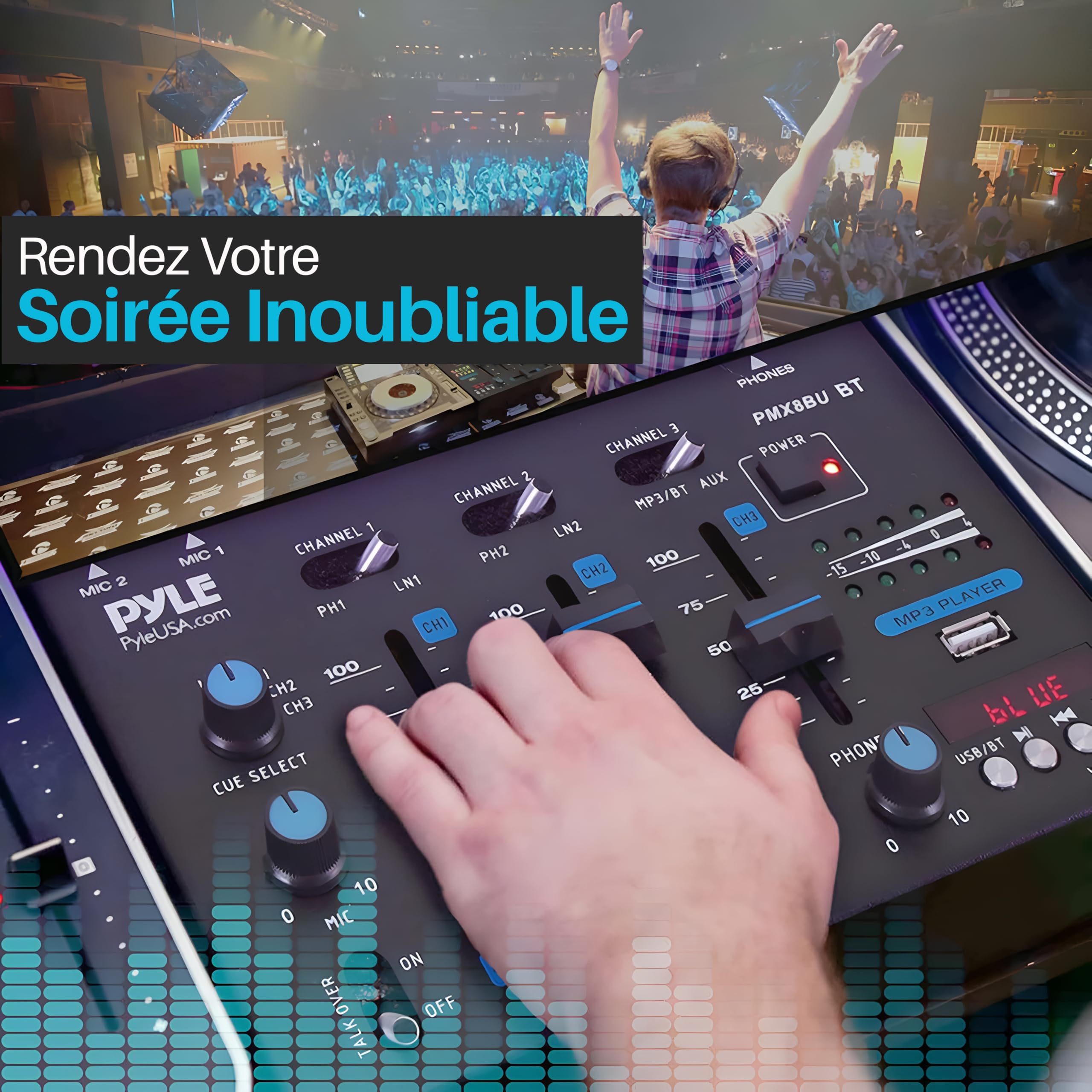 Pyle Table de Mixage DJ Bluetooth - Sans Fil 3 Canaux – Contrôleur Audio avec USB, Entrées RCA Phono/Ligne, 2 Micros avec Talk-Over, Sortie Casque, Crossfader, Écran LED