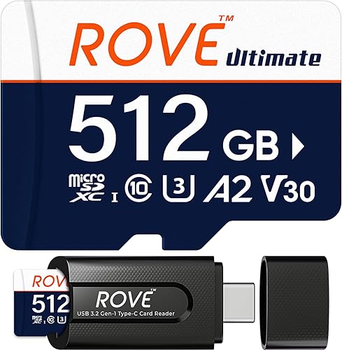 ROVE Ultimate Micro SD Card microSDXC 512GB Tarjeta de memoria con lector de tarjeta USB 3.2 tipo C 170MBs C10, U3, V30, 4K, A2 para Dash Cam,