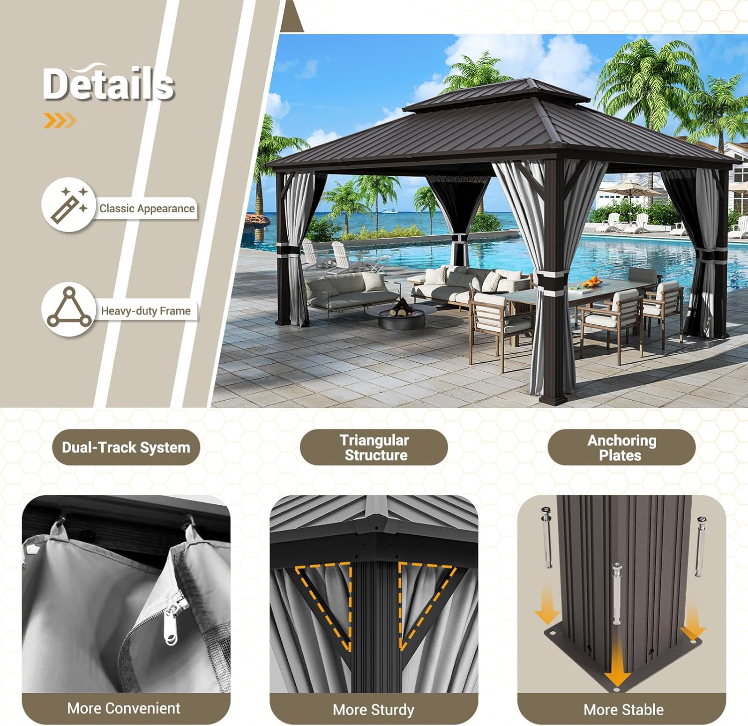 Split image showing the gazebo in a snowy environment labeled 'Snow Resistant' and in a rainy environment labeled 'Waterproof'.