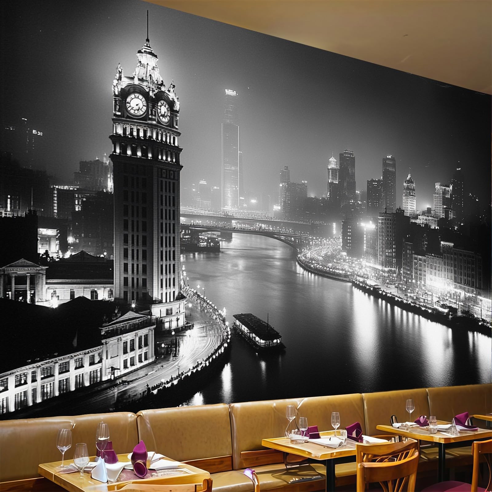 Papier peint mural vue nocturne de la ville intissé noir déco salon chambre moderne