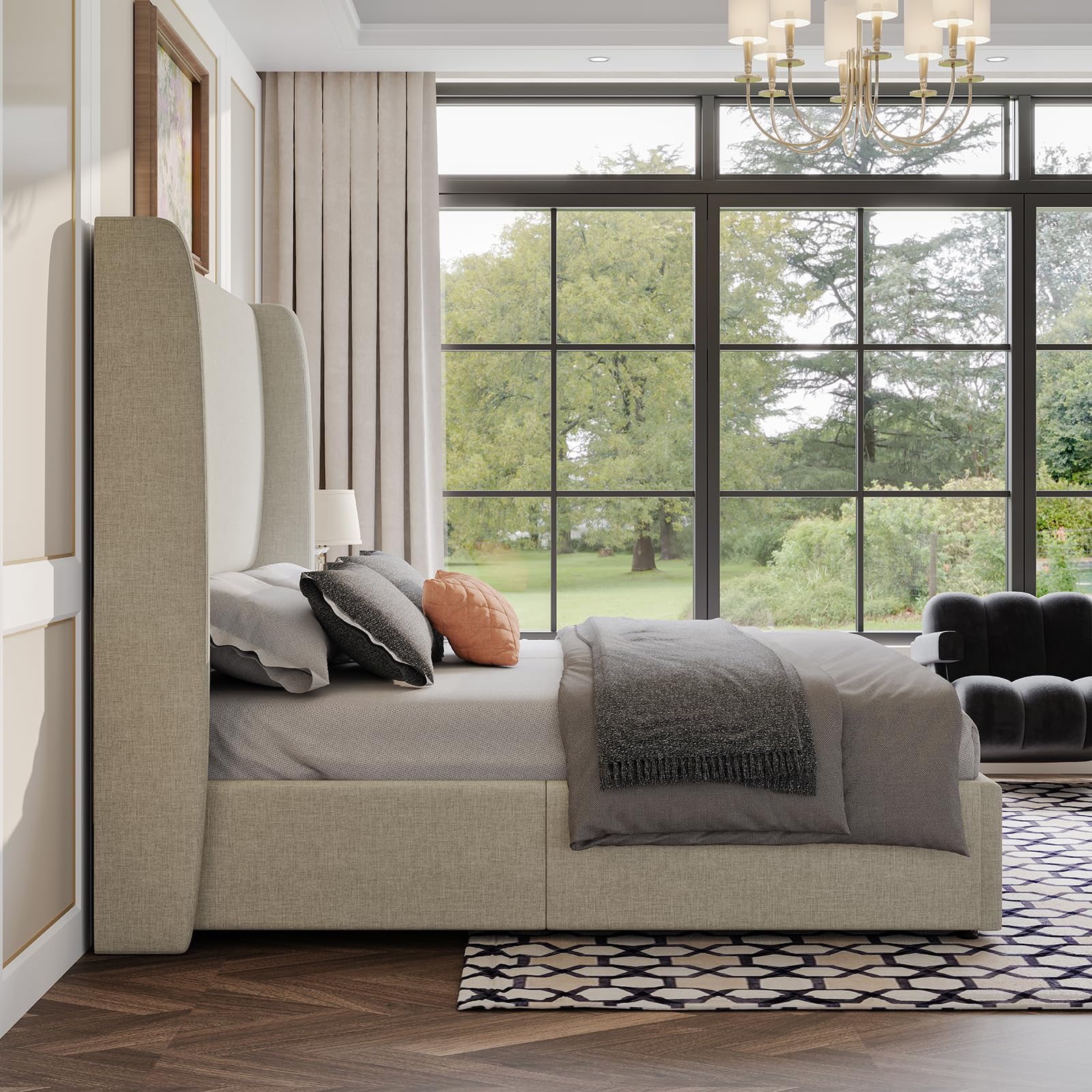 AMERLIFE King Lift Up Storage Bed Frame Linen Wingback Headboard, Khaki — product photo
