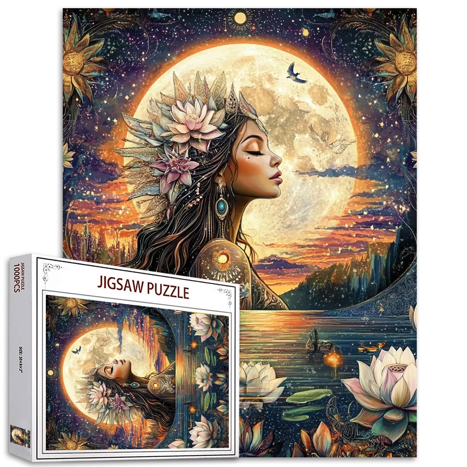 Girl with Flowers Jigsaw Puzzles 1000 Pieces for Adults,Families(Goddess,Full Moon,Woman,Lotus Floral) Pieces Fit Together Perfectly 19.7''x27.6''inch Moutain Performance Frameable Magic Puzzle Art