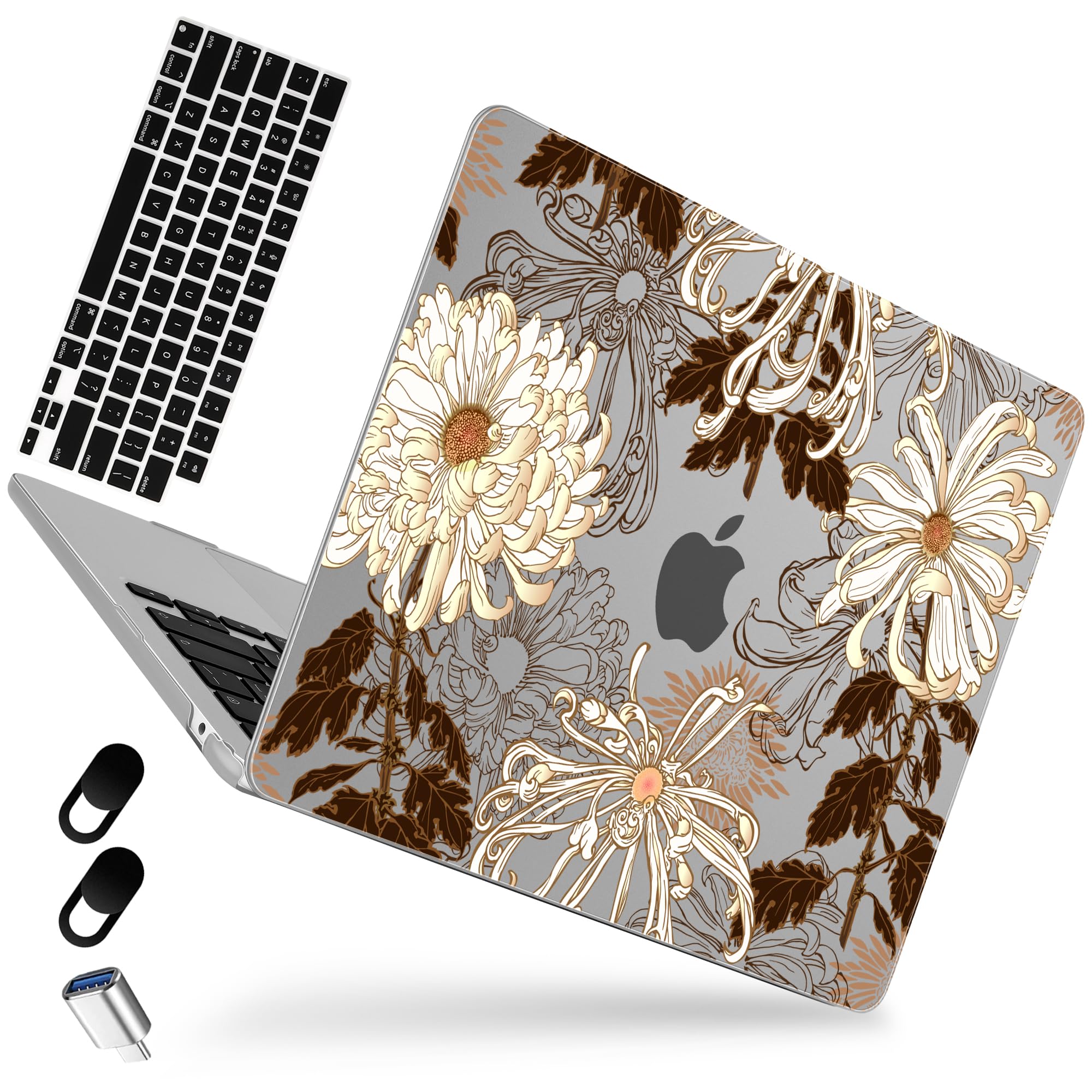 MEEgoodo for M4/M3/M2 MacBook Air 13.6 inch Case 2025 2024 2022(Fit Model A3240/A3113/A2681), Flexible Laptop Shell Cases for MacBook Air 13-inch, White Chrysanthemums