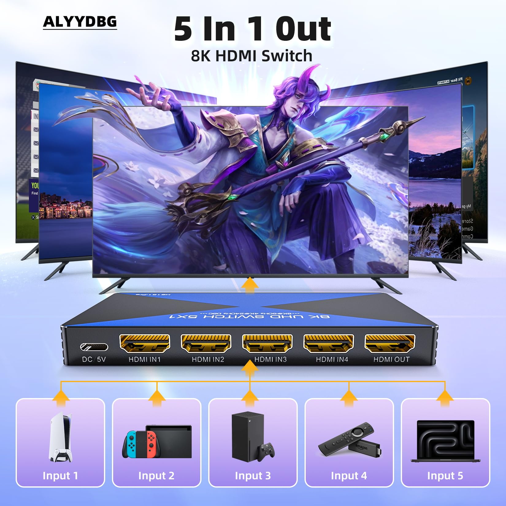 Commutateur HDMI 2.1 8K @ 60 Hz 5 en 1 sortie prend en charge 4K @ 120 Hz HDR10+ HDCP 2.3 VRR, commutateur HDMI compatible avec PS4/5 Xbox Nienteen Swtich Roku Fire Stick Apple TV pour